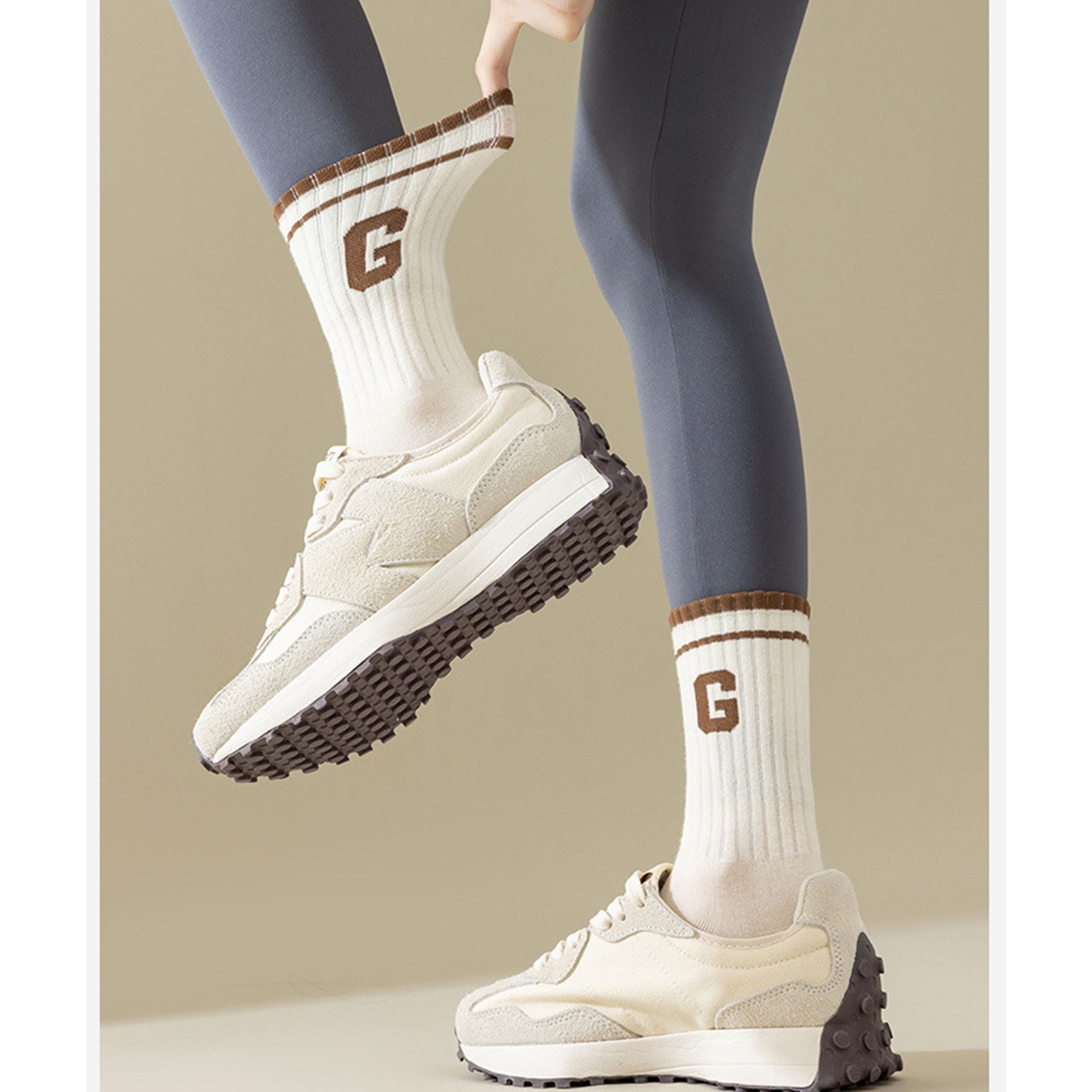 Anna-Kaci Women's 4-Pair Pack Ribbed Cotton Crew Socks with Striped Cuffs and G Letter Detail in Neutral Athletic Color Combinations