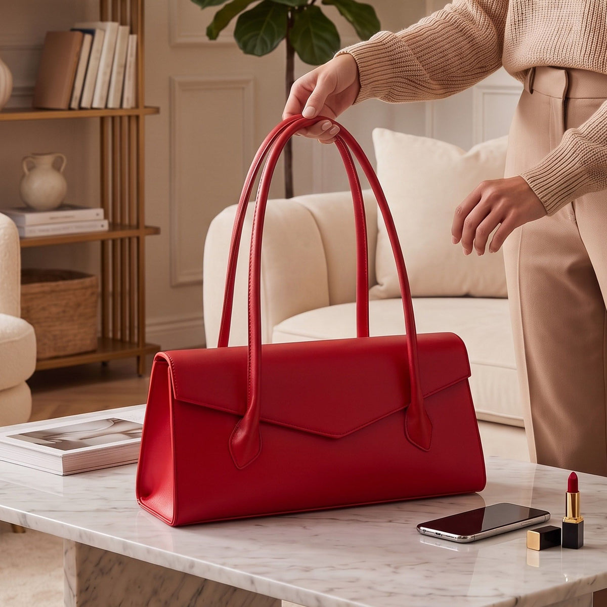 Structured East West Shoulder Bag with Flap Closure and Long Handles