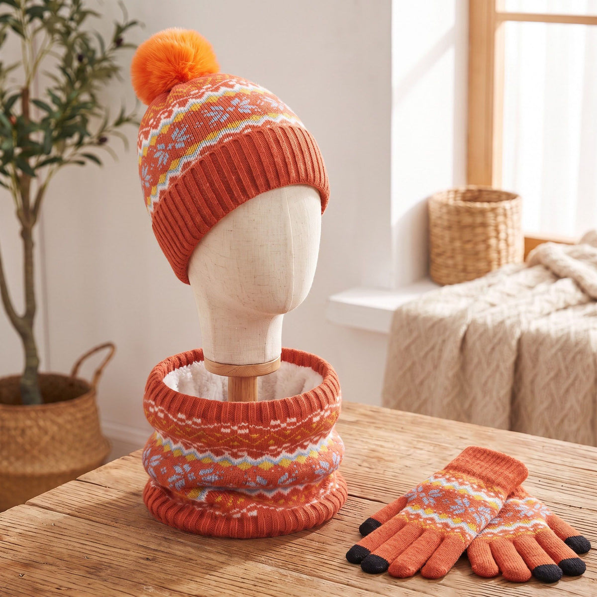 3 Piece Fair Isle Pom Beanie Neck Warmer and Gloves Set