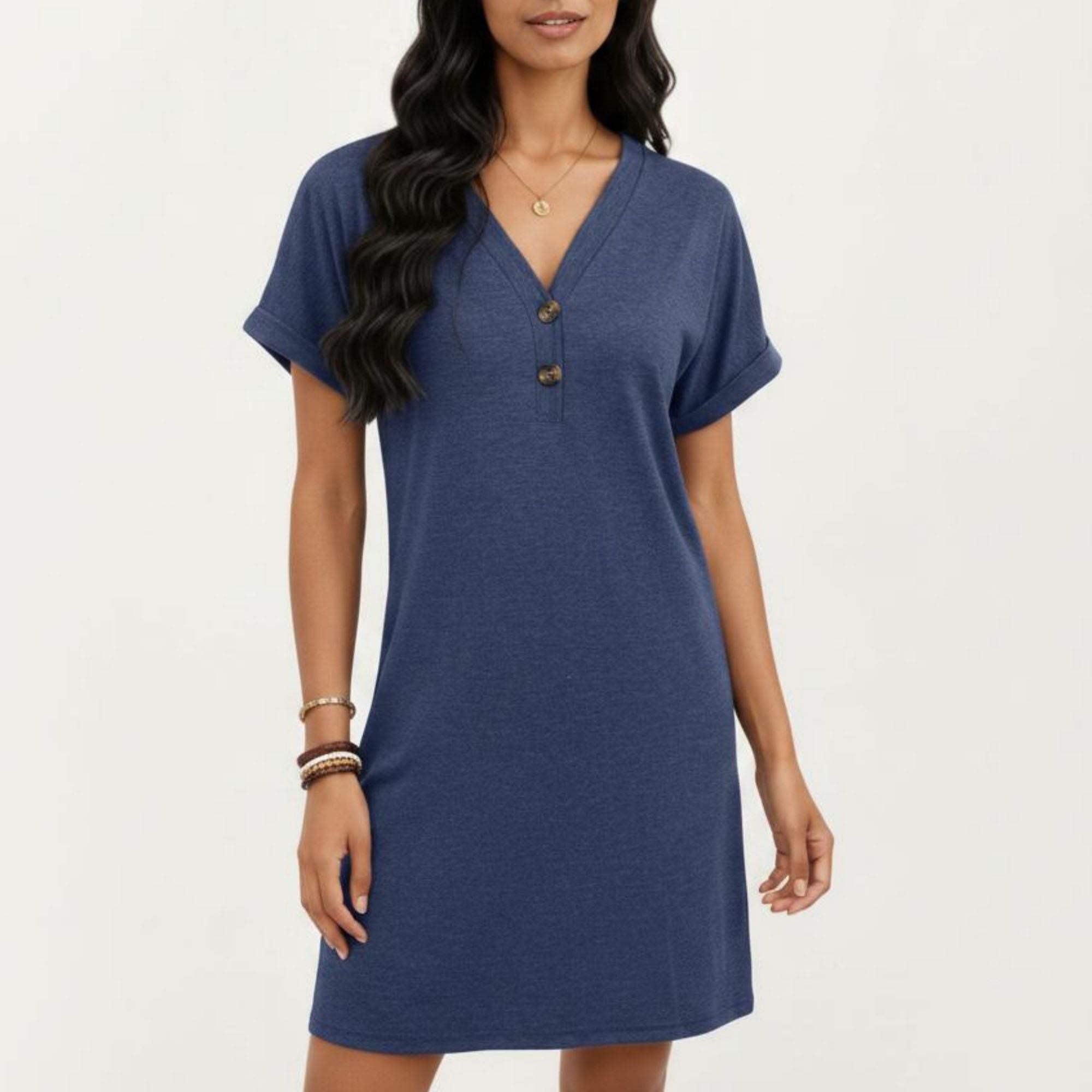Anna-Kaci Women's Short Sleeve V Neck Shift Dress with Button Detail Relaxed Fit Casual Tunic Dress