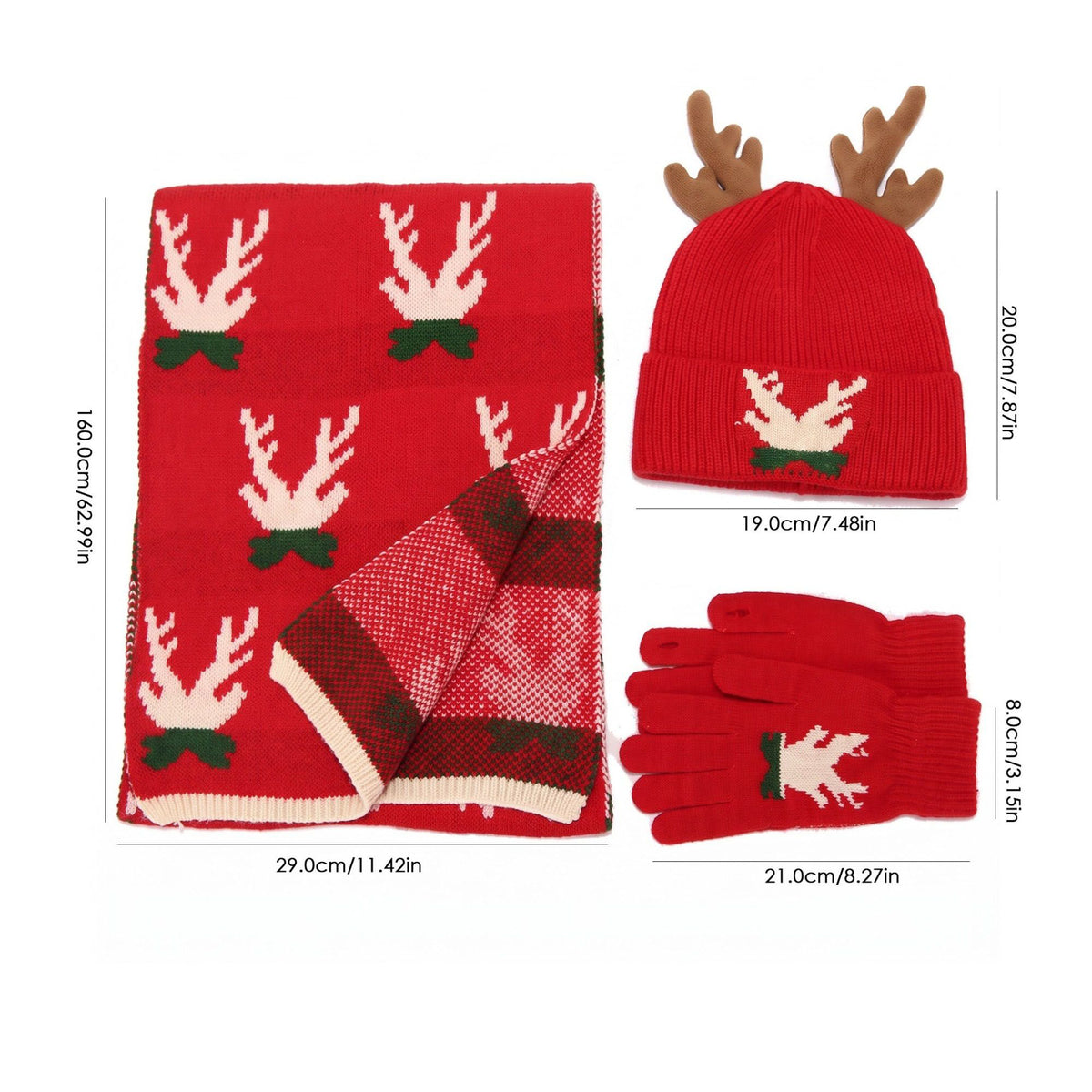 3 Piece Christmas Reindeer Antler Beanie Scarf and Gloves Set