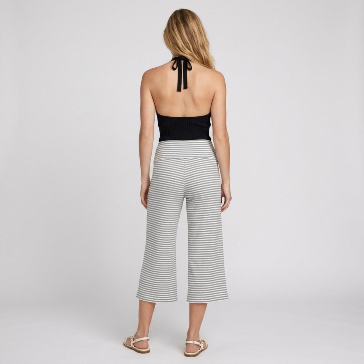 Foldover Waistband Striped Cropped Wide-Leg Trousers