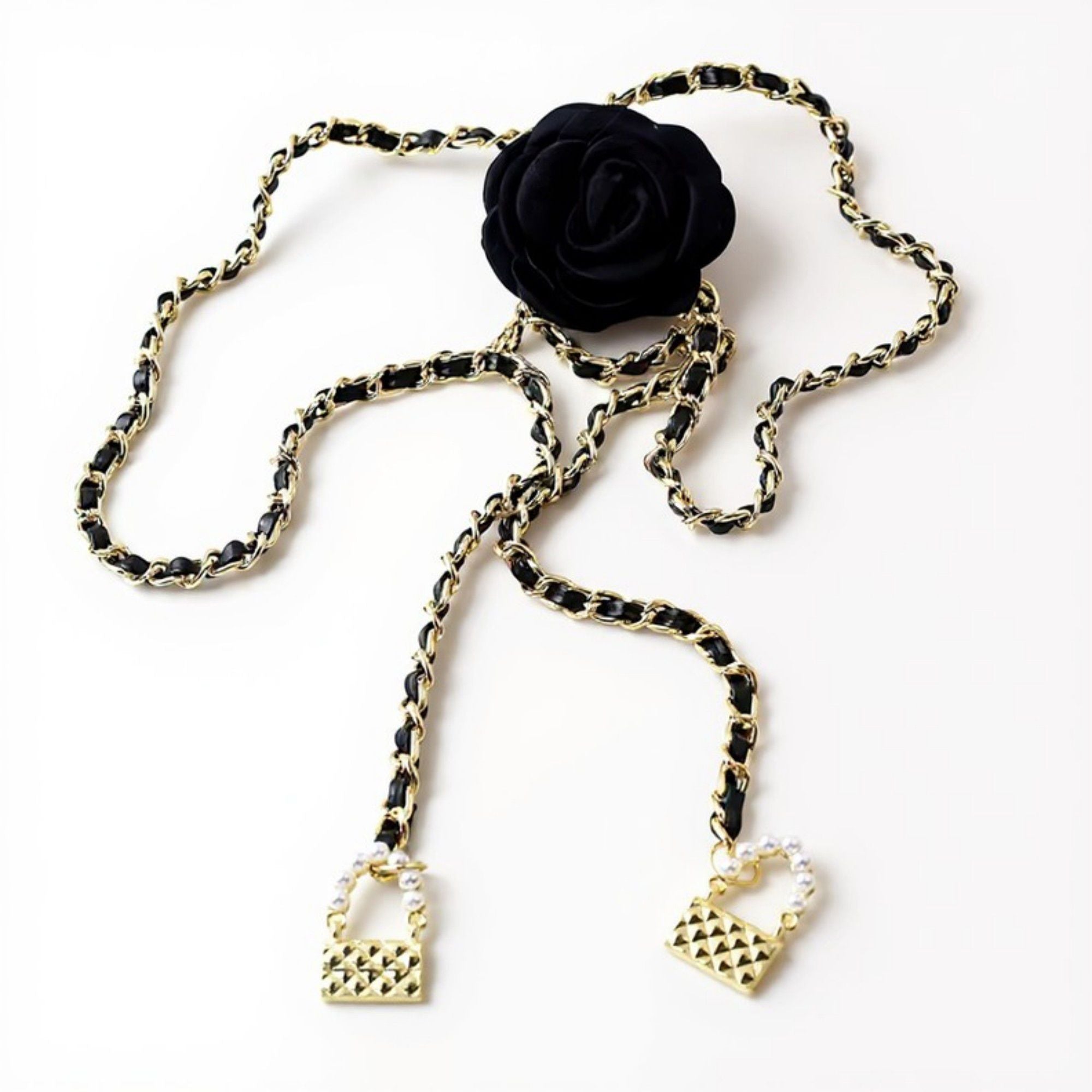 Anna-Kaci Women's Rose Flower Chain Belt with Hanging Lock Charms and Adjustable Drape Design 45.5in
