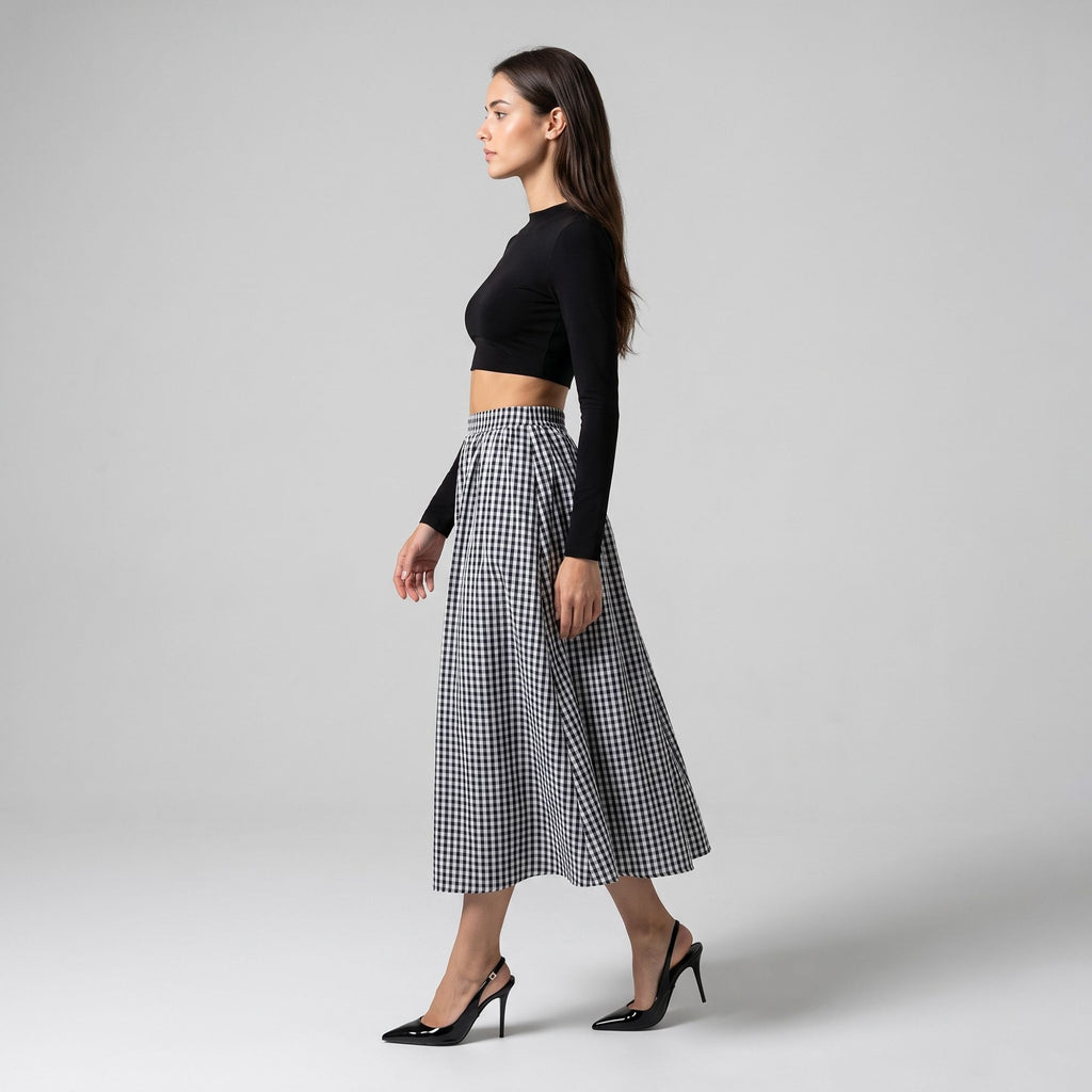 Gingham Midi Skirt with Smocked Waistband, Gathered A-Line Shape and Side Pockets