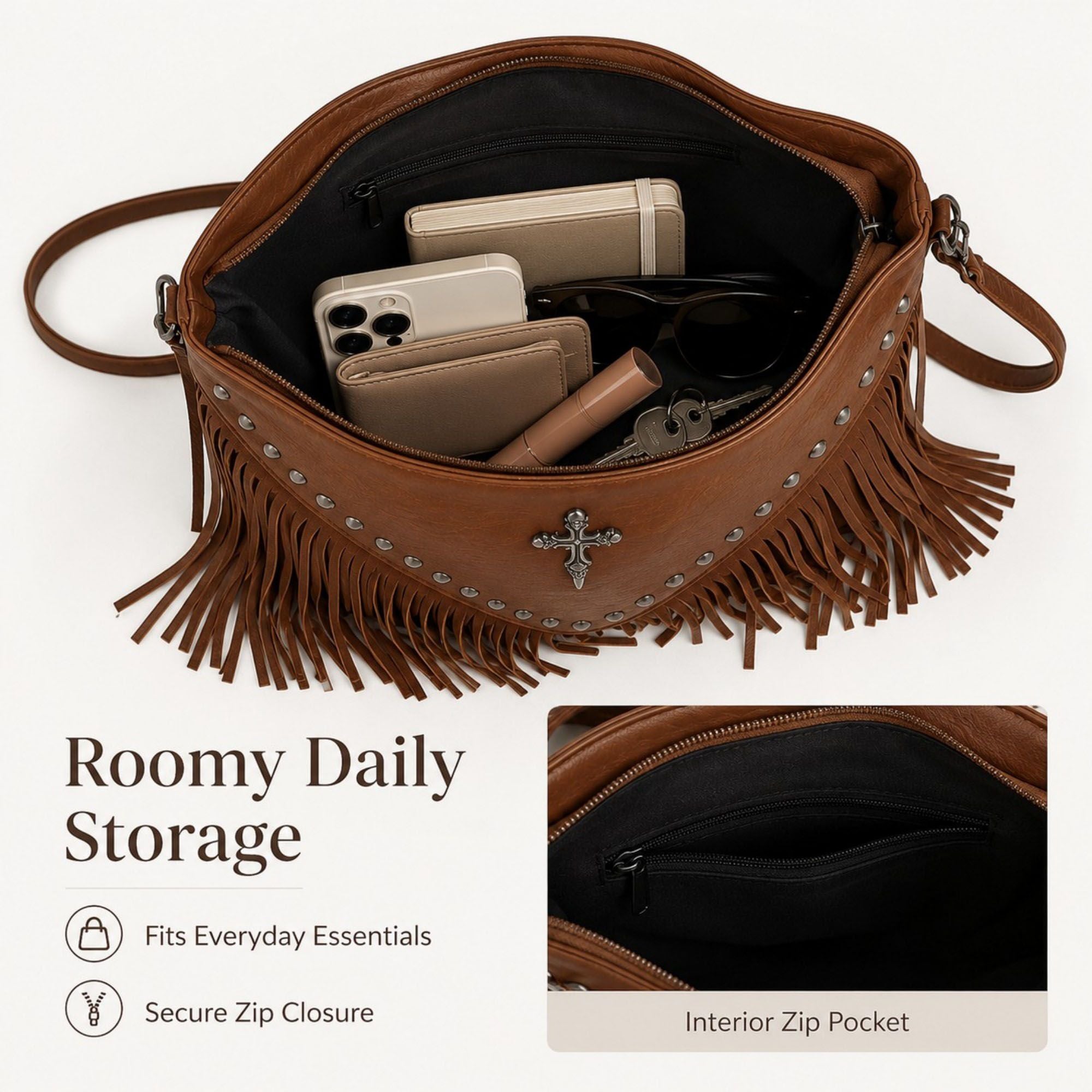 Studded Fringe Shoulder Bag with Adjustable Strap and Zip Closure