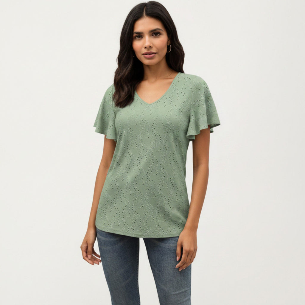 Anna-Kaci Women's Short Sleeve Eyelet V-Neck Top with Floral Embroidery and Flutter Sleeves