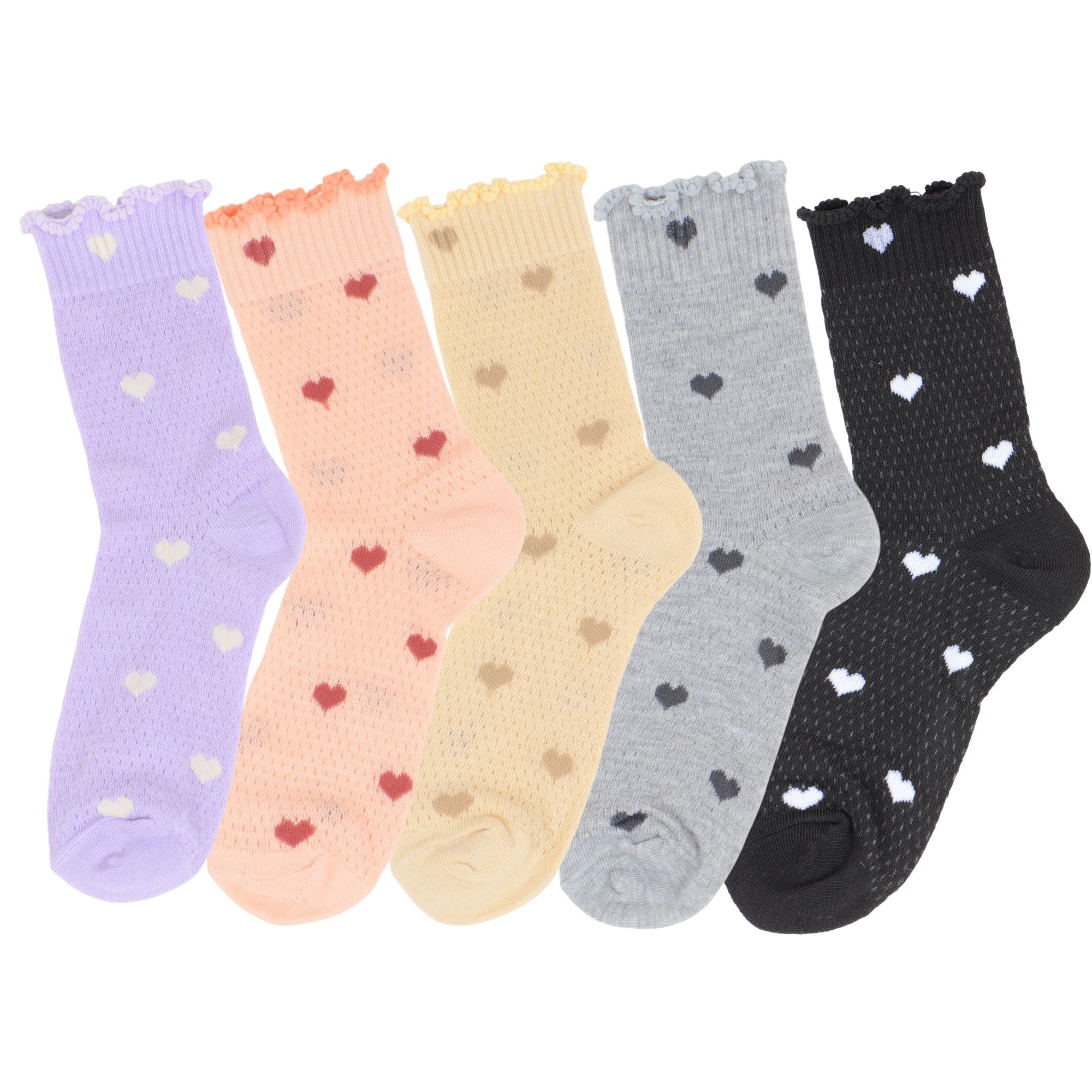 Anna-Kaci Women's 5-Pair Set Frilly Crew Socks with Valentine Heart Pattern and Ruffle Trim Breathable Knit Design for Flats or Loafers