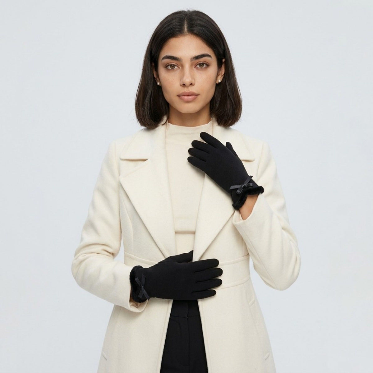 Faux Suede Winter Gloves with Faux Fur Cuffs and Bow Detail 9 x 3.3in