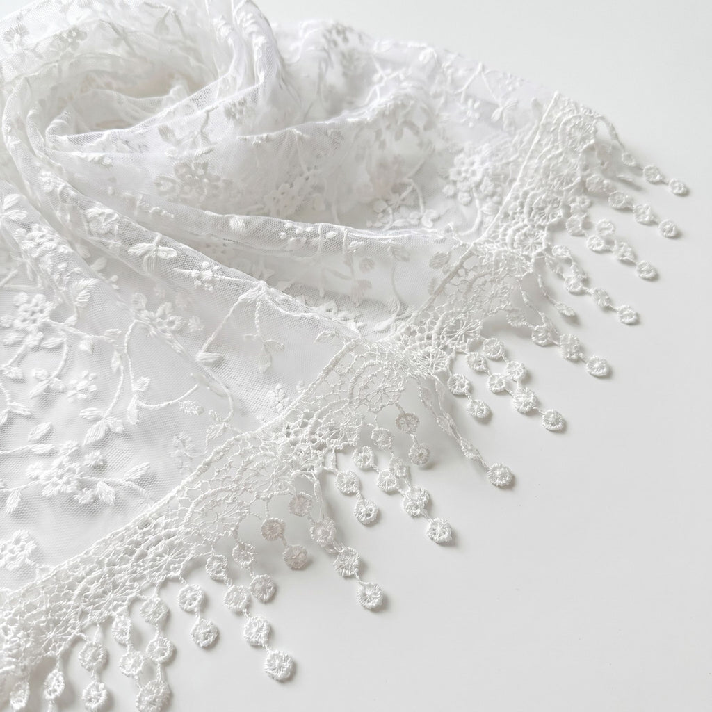 Sheer Embroidered Triangle Scarf with Floral Lace Trim and Tie Wrap Design