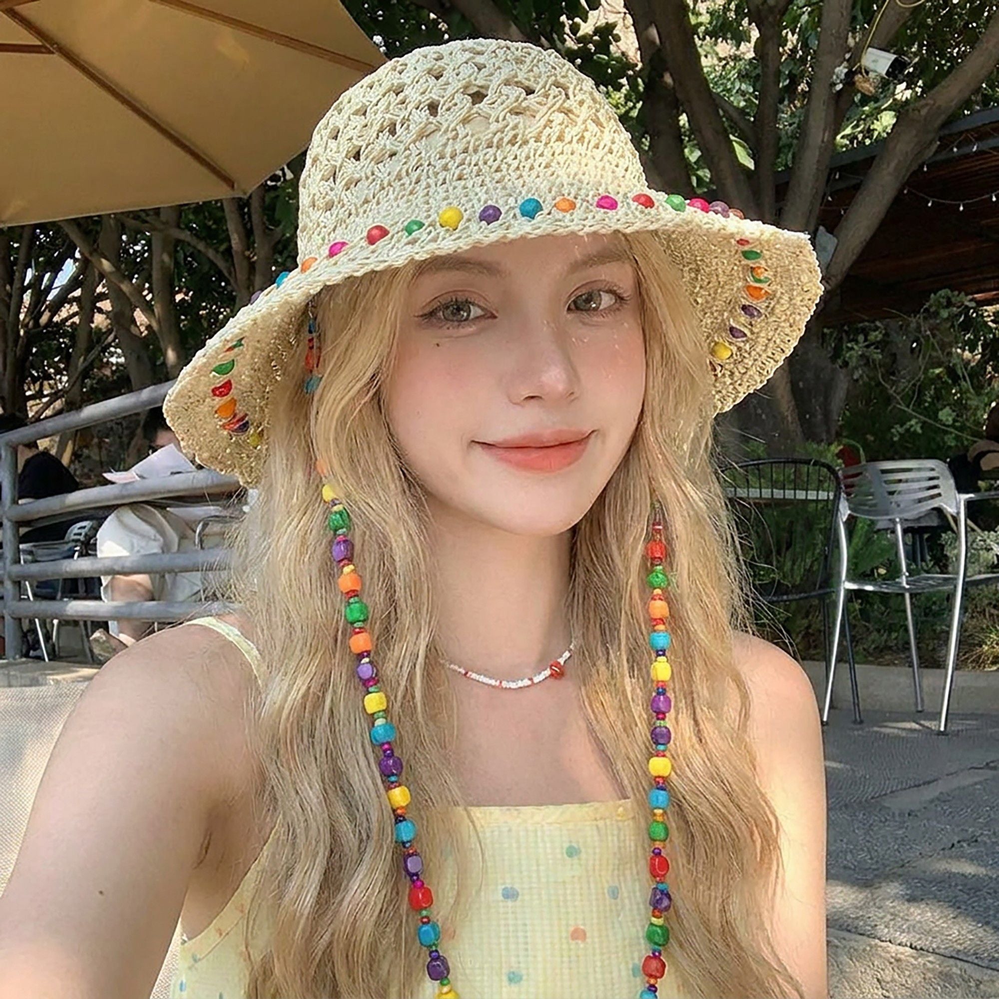 Crochet Bucket Sun Hat with Beaded Chin Strap and Open Weave Brim