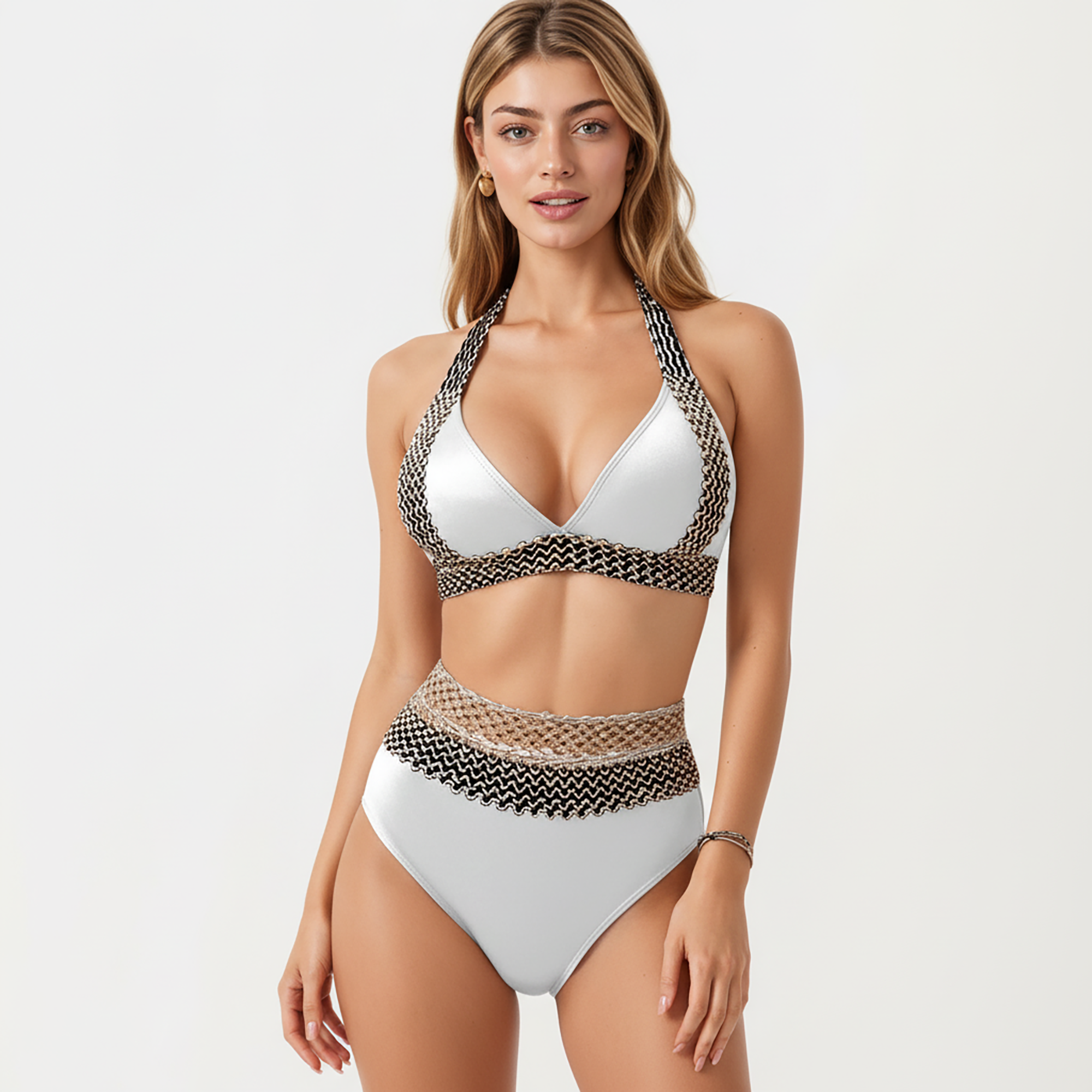 Anna-Kaci Women's 2-Piece High Waisted Bikini Set with Halter Top and Textured Trim Detail