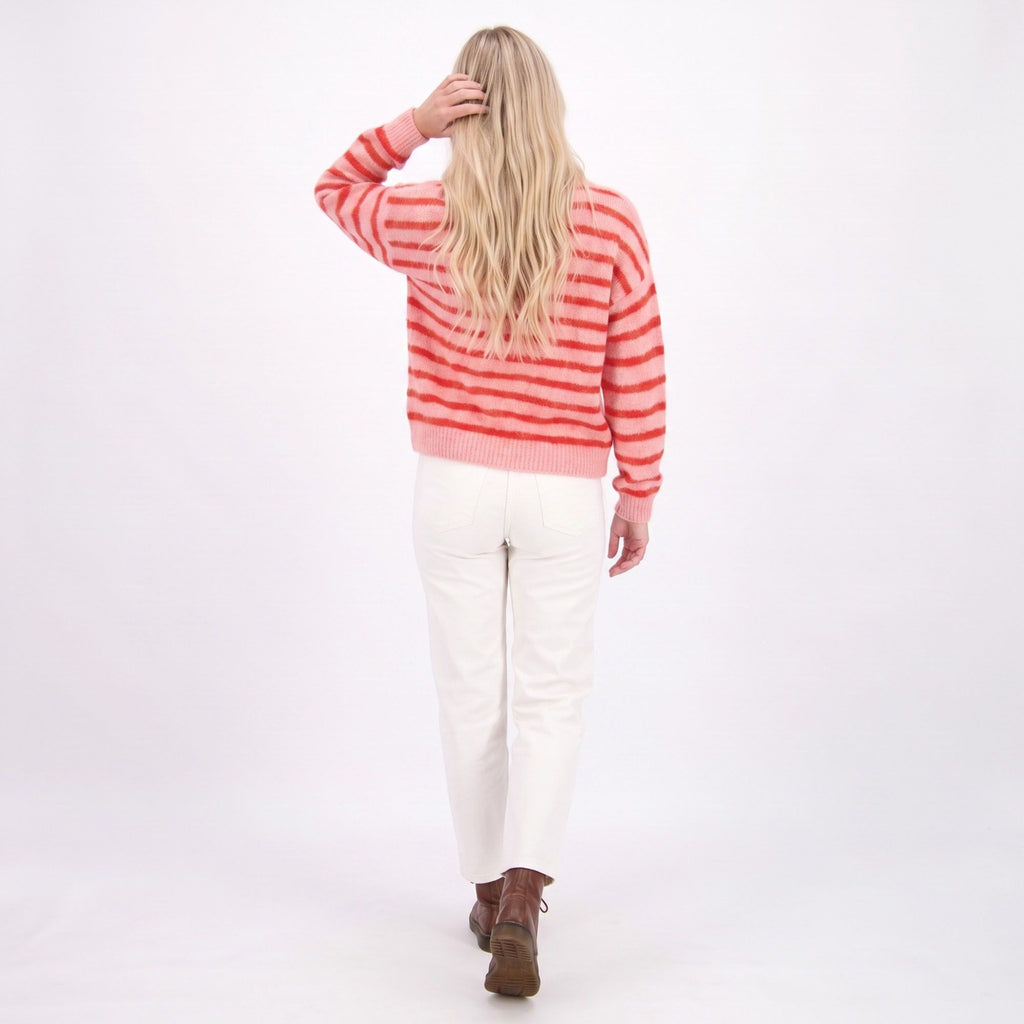 Striped Button-Front Crew Neck Knit Cardigan