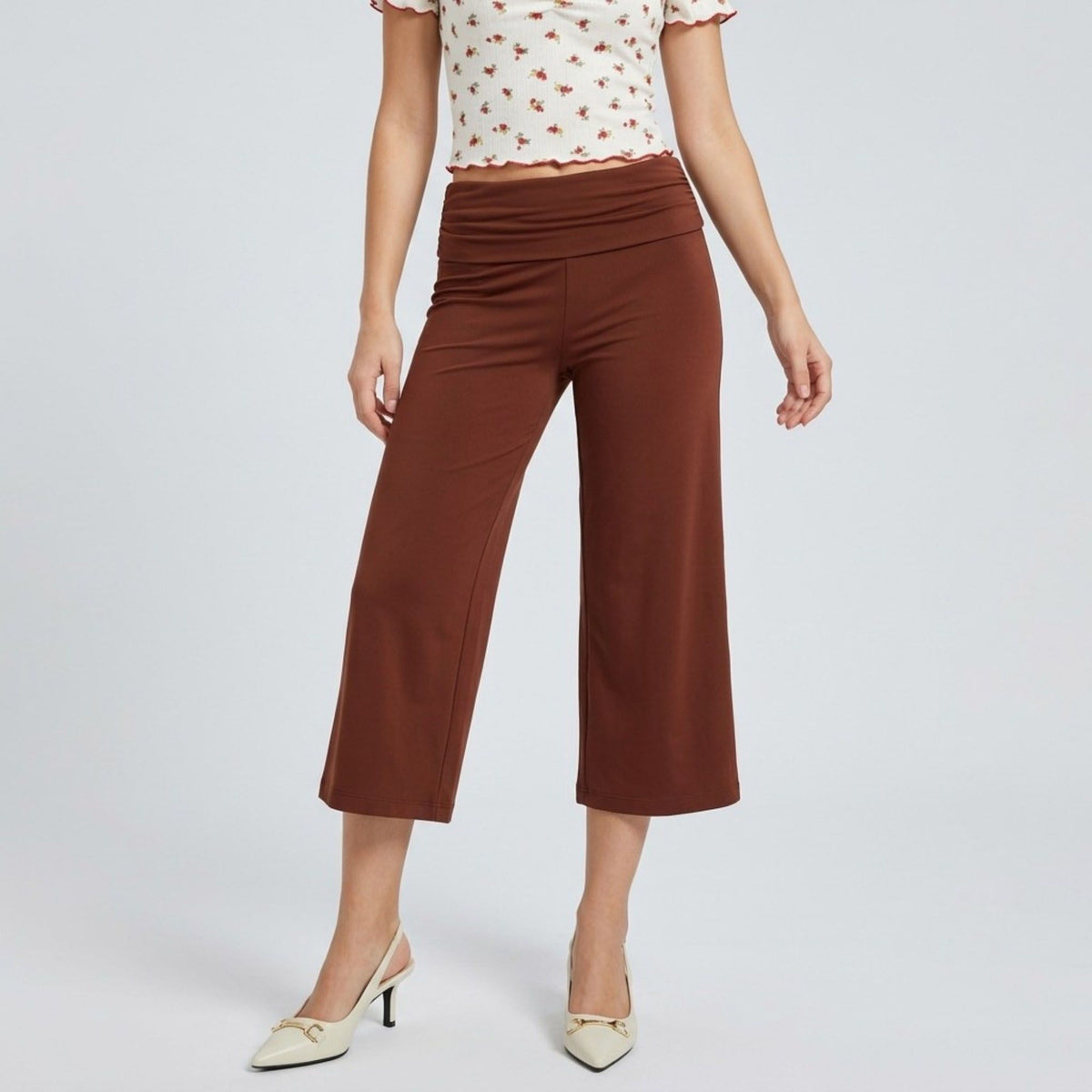 Foldover Waistband Cropped Wide-Leg Trousers