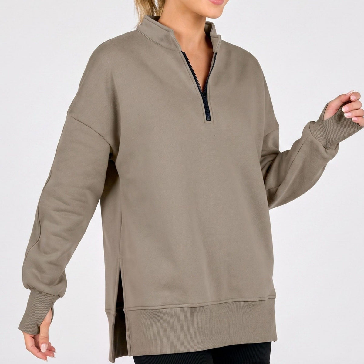 Quarter Zip Mock Neck Long Sleeve Tunic Sweatshirt with Side Slits