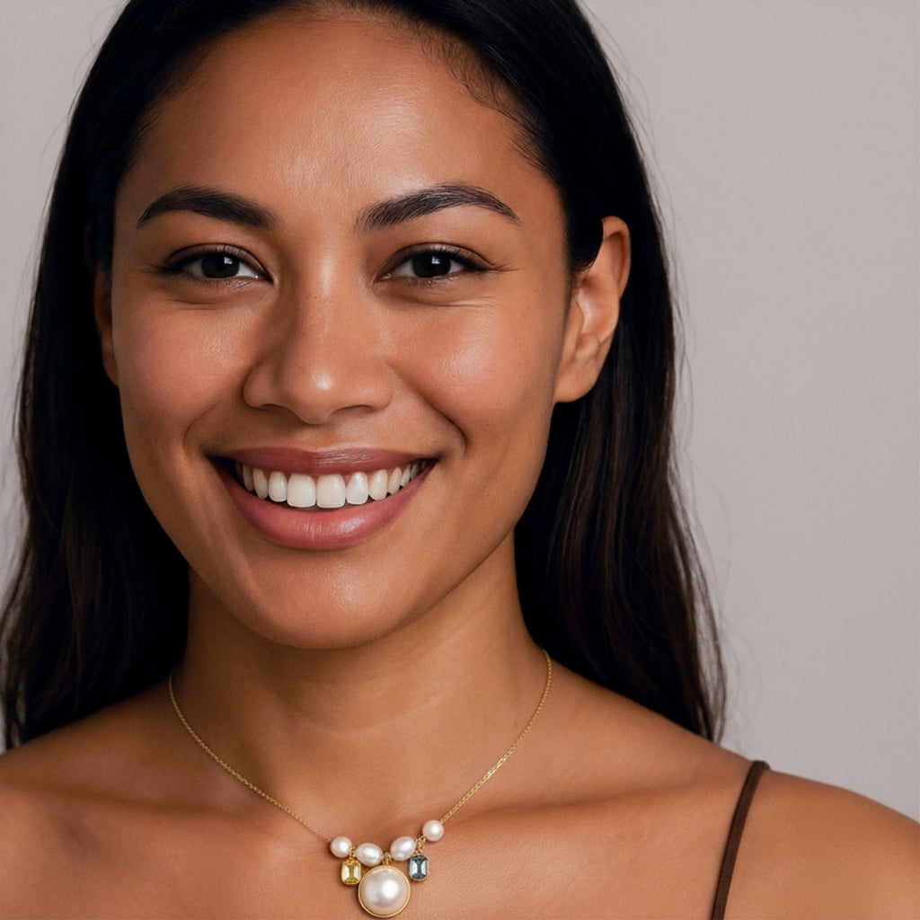 Women's Multi-Charm Pendant Necklace with Layered Bead Accents and Faceted Gem Details for a Valentine Elegant Look
