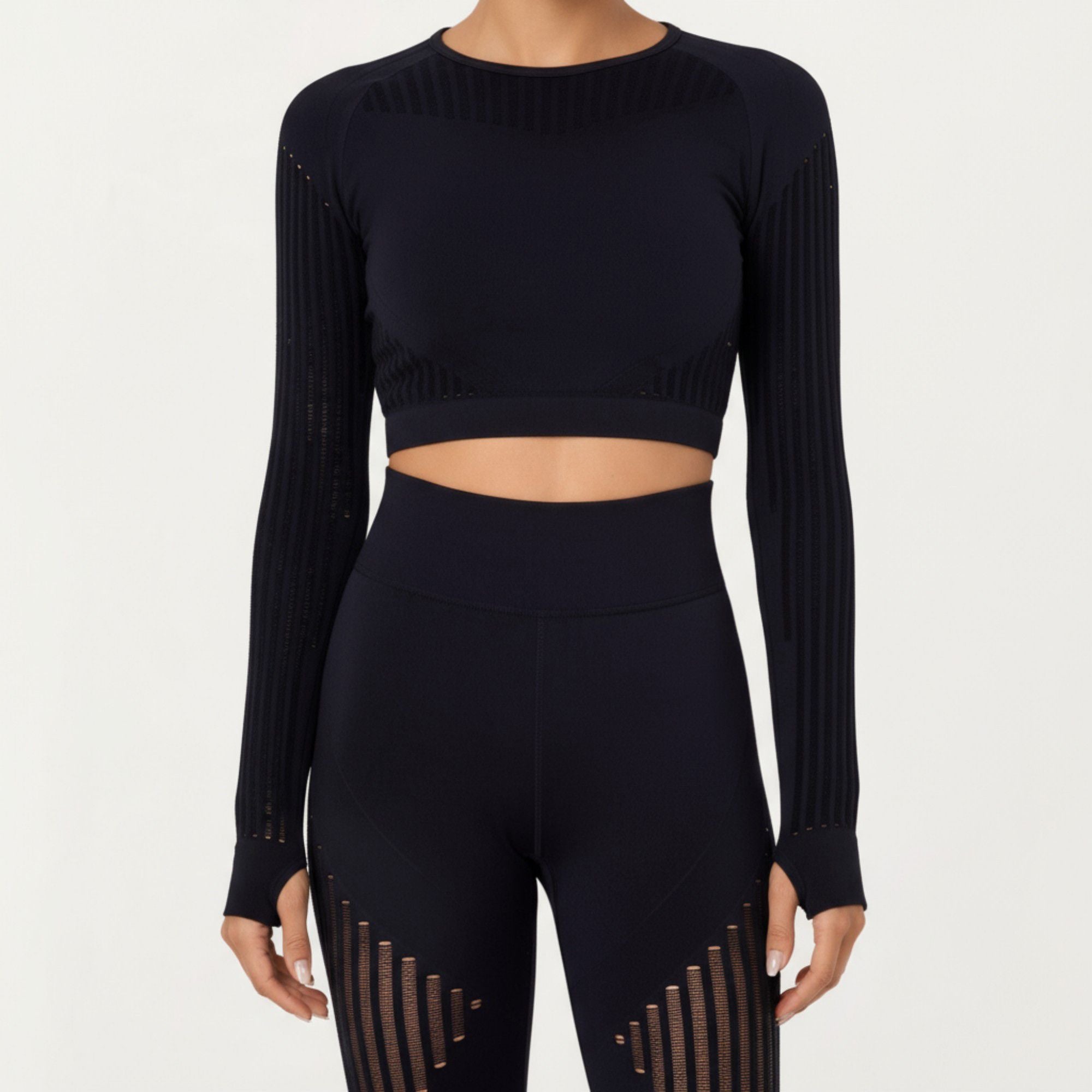 Anna-Kaci Active Women's Long Sleeve Seamless Crop Top with Ribbed Texture and Contour Panels