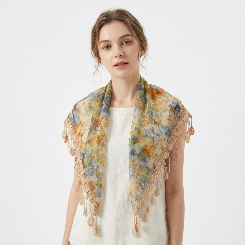 Floral Triangle Scarf with Lace Fringe Trim