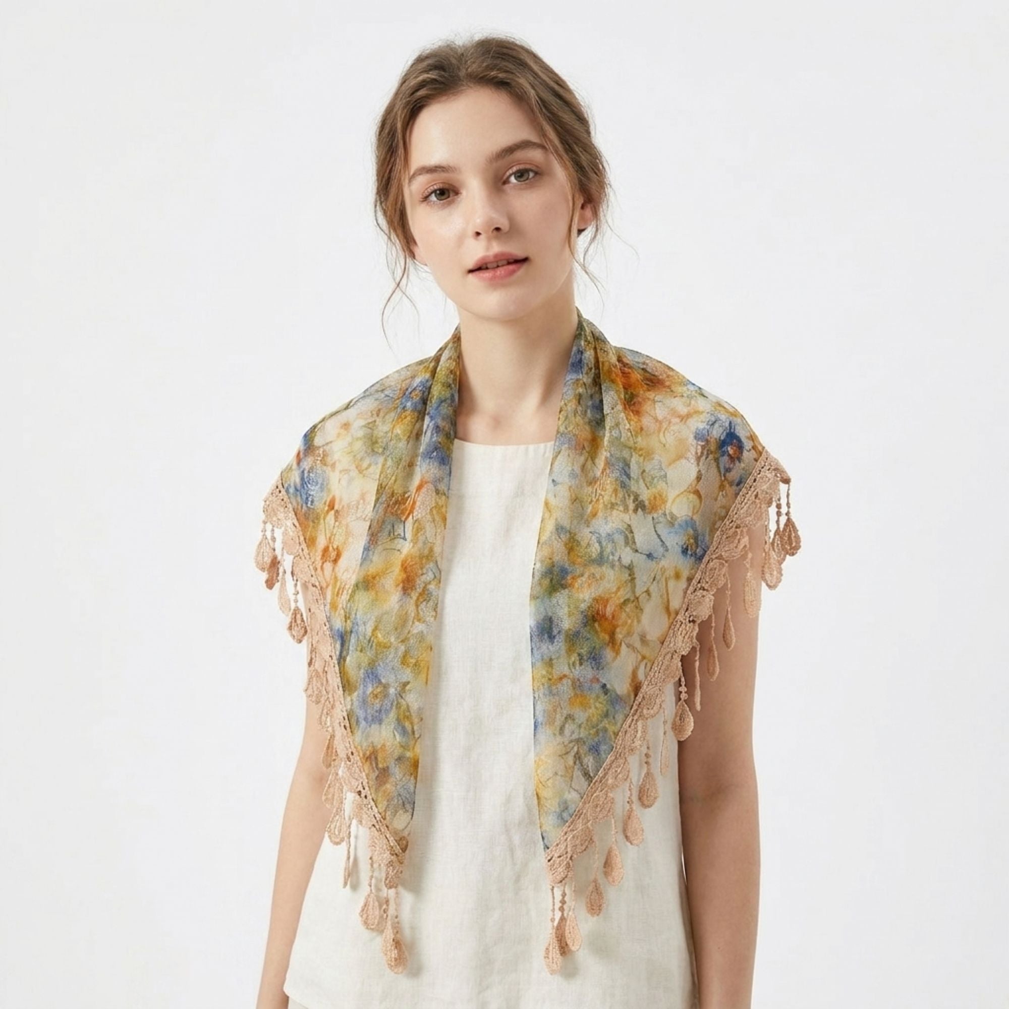 Floral Triangle Scarf with Lace Fringe Trim