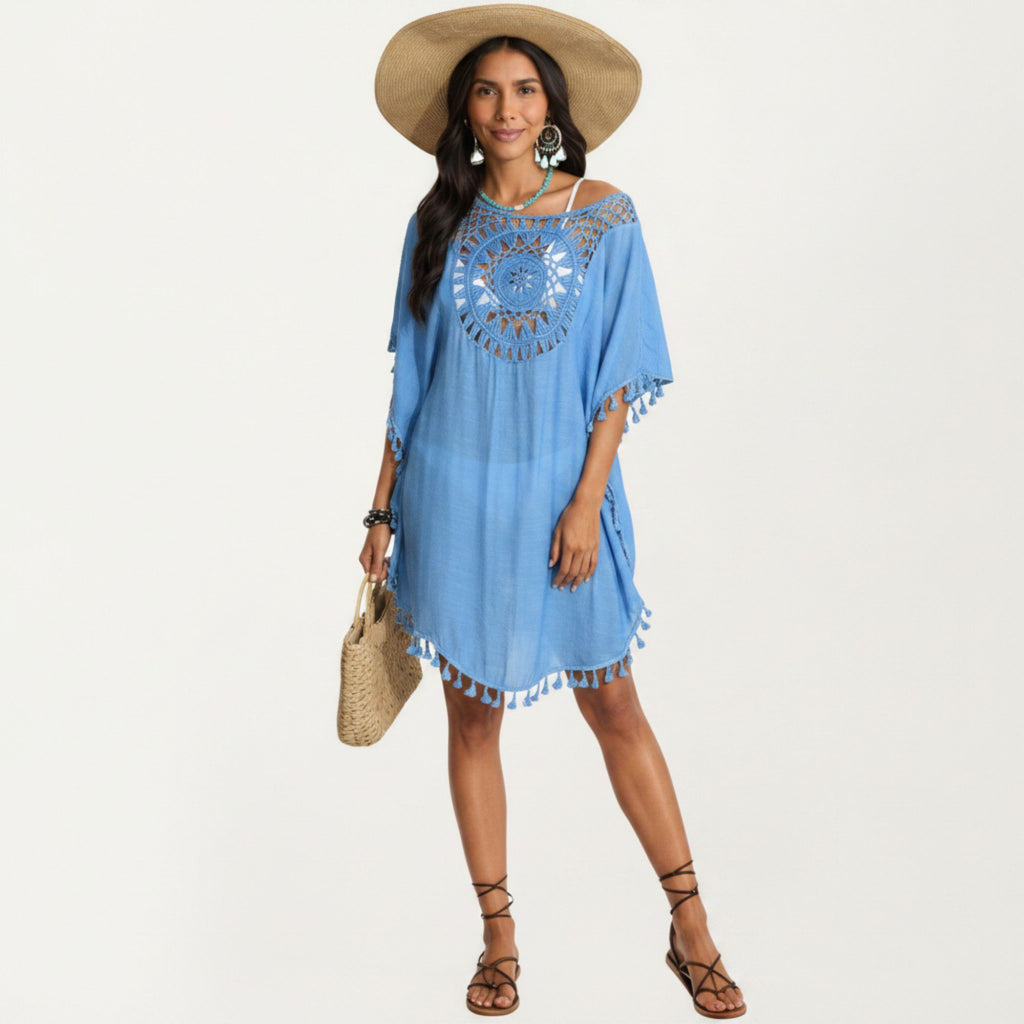 Anna-Kaci Women's Crochet Medallion Swim Cover Up Dress with Tassel Trim and Relaxed Boho Silhouette