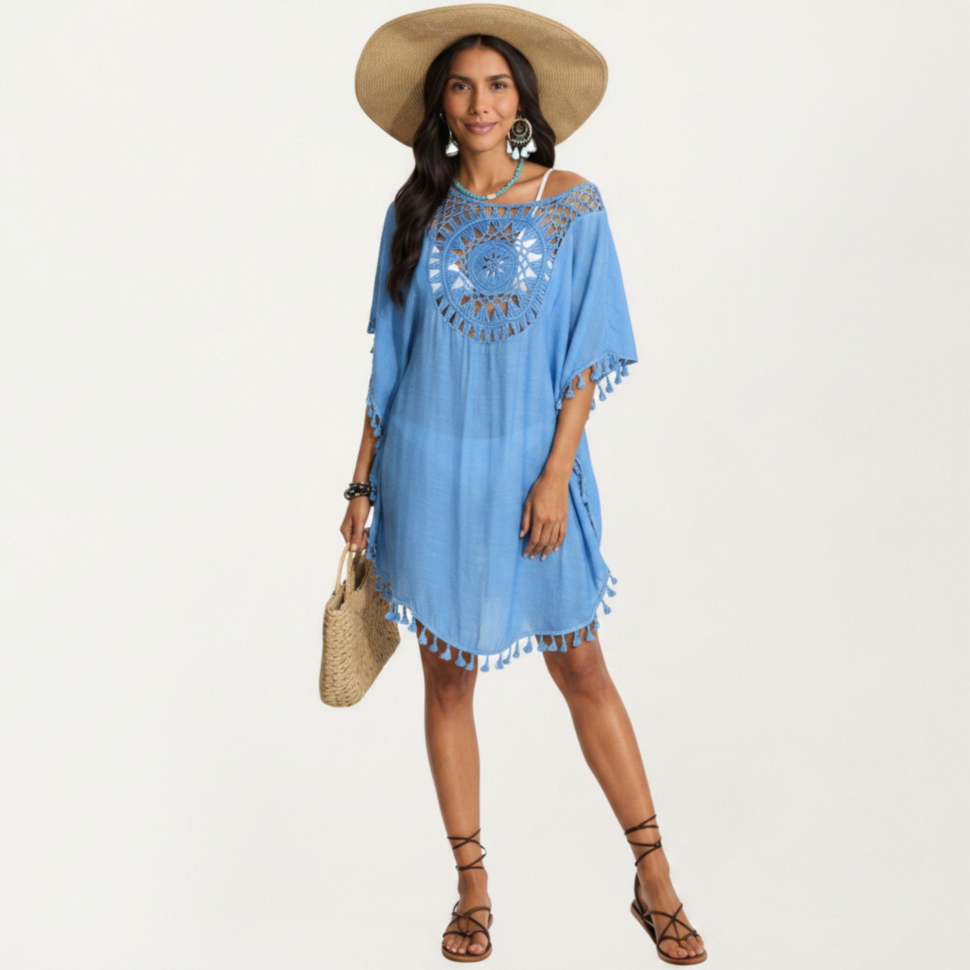 Anna-Kaci Women's Crochet Medallion Swim Cover Up Dress with Tassel Trim and Relaxed Boho Silhouette