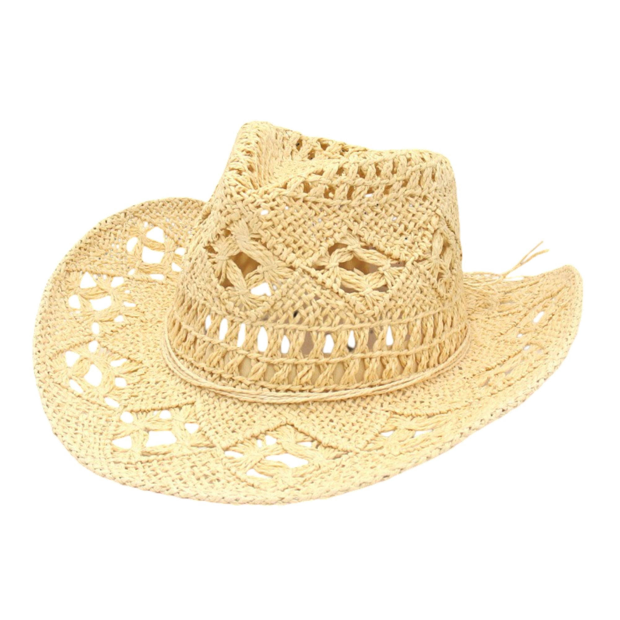 Open Weave Western Sun Hat with Wide Brim and Boho Floral Pattern