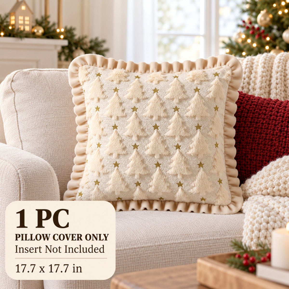 1 Piece Christmas Tree Throw Pillow Cover with Ruffle Trim Stars 18 x 18 Inch