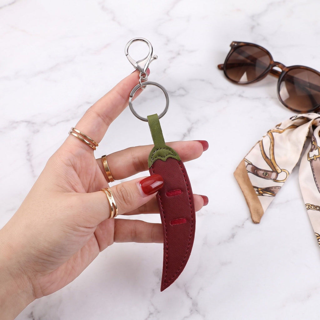 2-Piece Womens Faux Leather Bag Charm Keychain with Metal Clip Ring and Stitched Detail