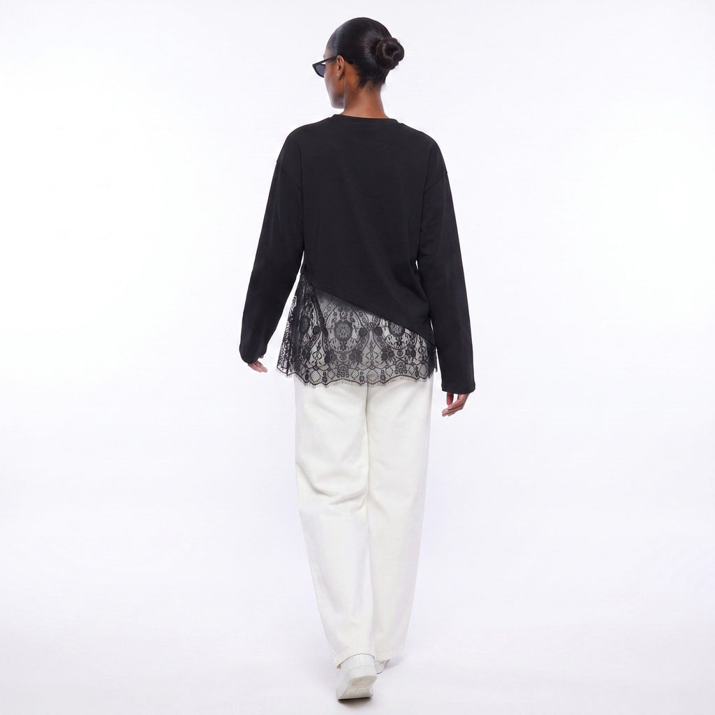 Asymmetrical Lace Hem Long Sleeve Top