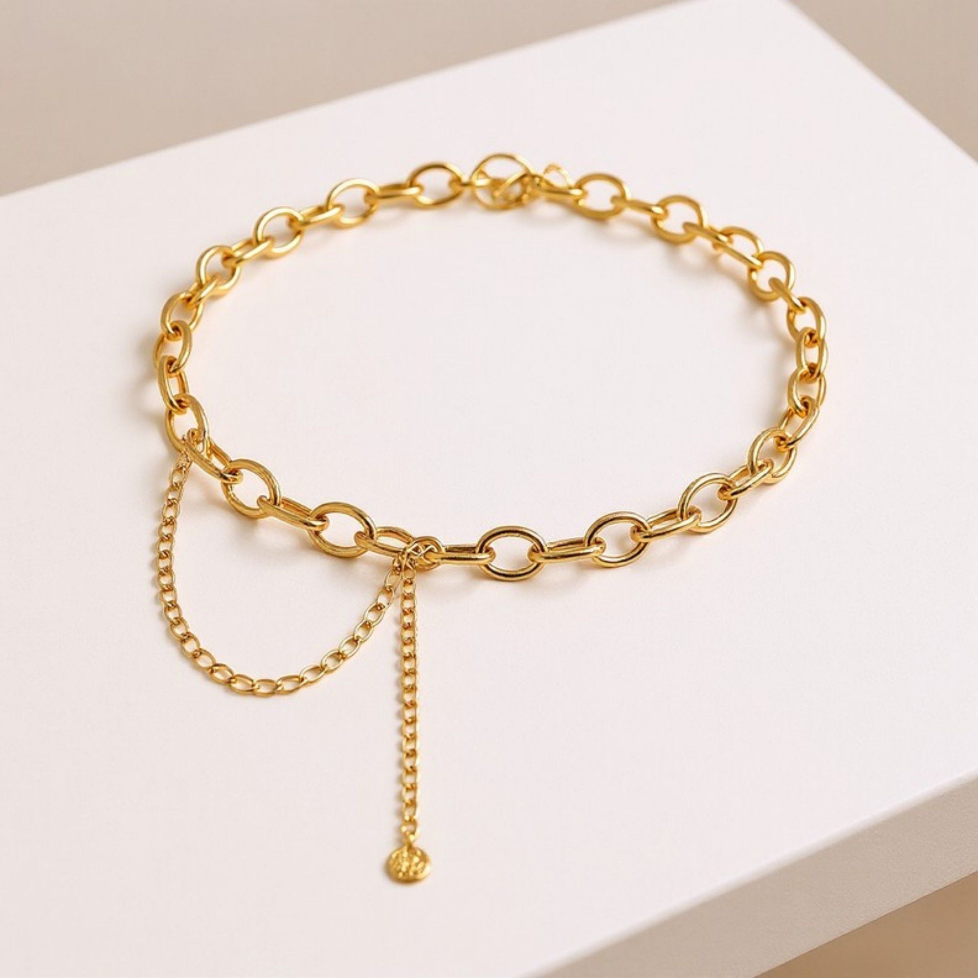 Anna-Kaci Women's Circular Link Chain Belt with Adjustable Drop Chain and Modern Geometric Design 39.5in
