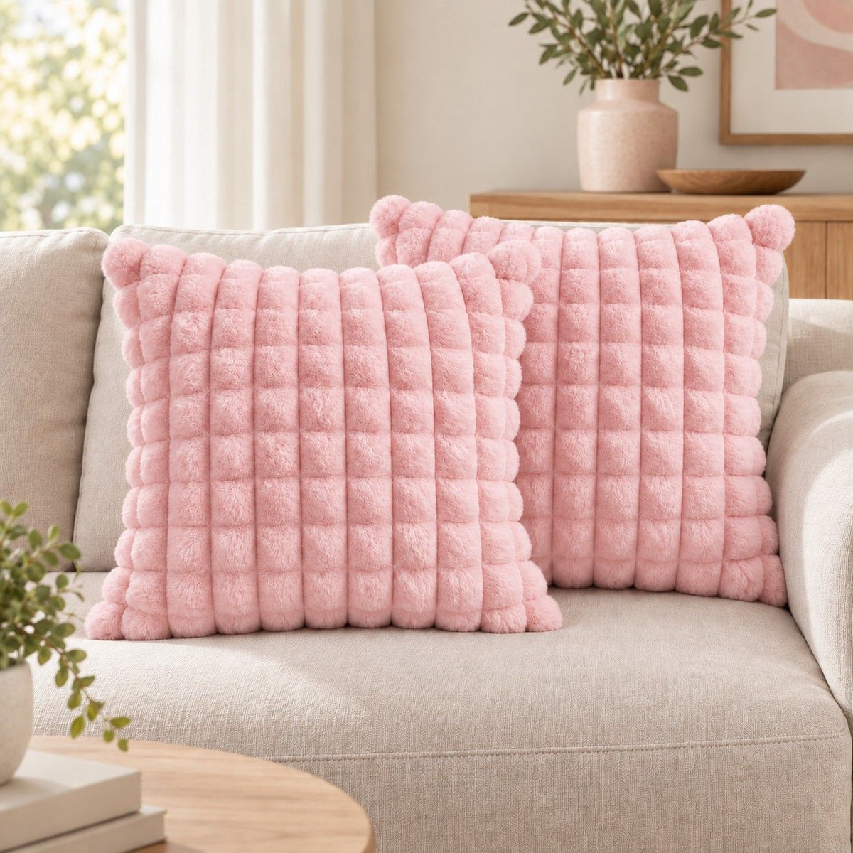 2 Pack Plush Faux Fur Bubble Grid Throw Pillow Covers 18 x 18 Inch for Couch and Bed