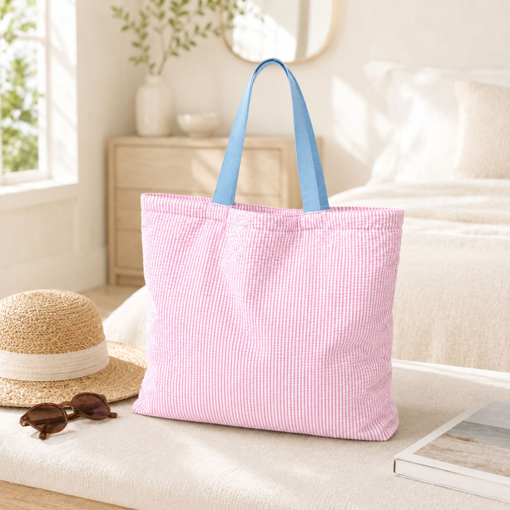 Striped Canvas Tote Bag Colorblock Large Capacity Shoulder Bag