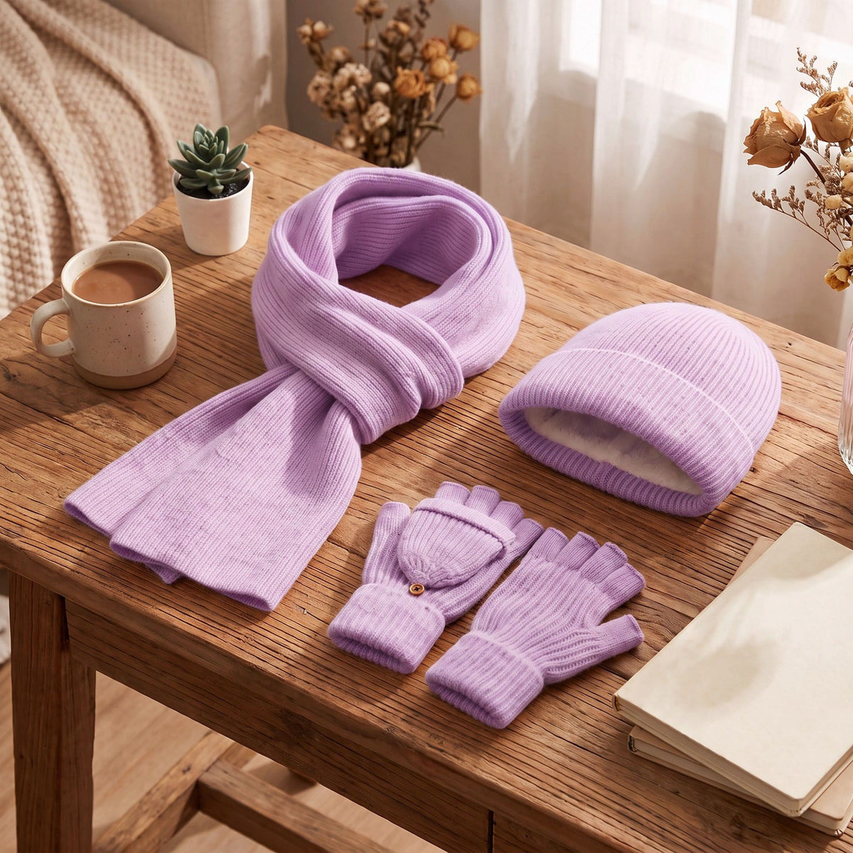 3 Piece Beanie Scarf and Convertible Fingerless Gloves Winter Set