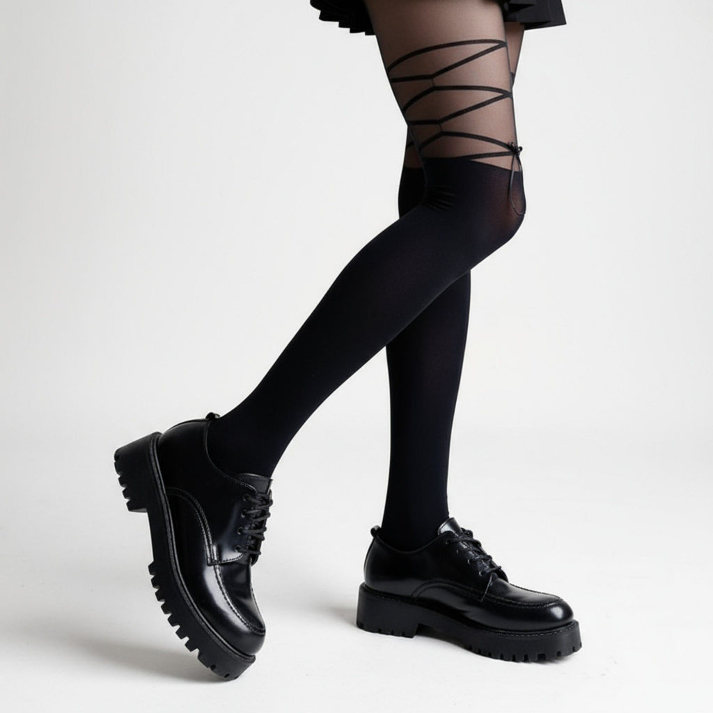 Anna-Kaci Women's Sheer Tights with Crisscross Lace-Up Detail and Opaque Lower Leg Design