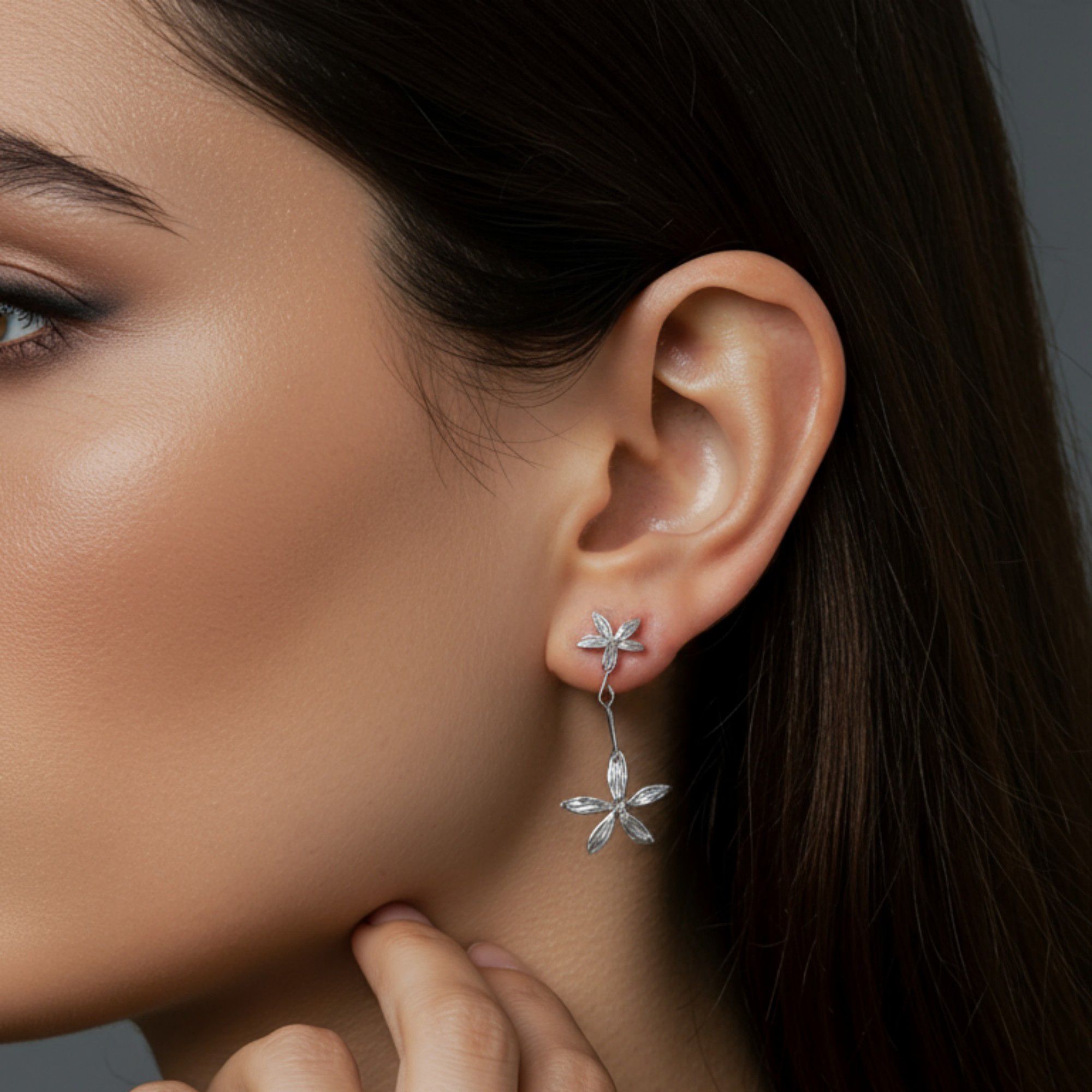 Women's Double Layer Flower Drop Earrings with Metallic Petal Design