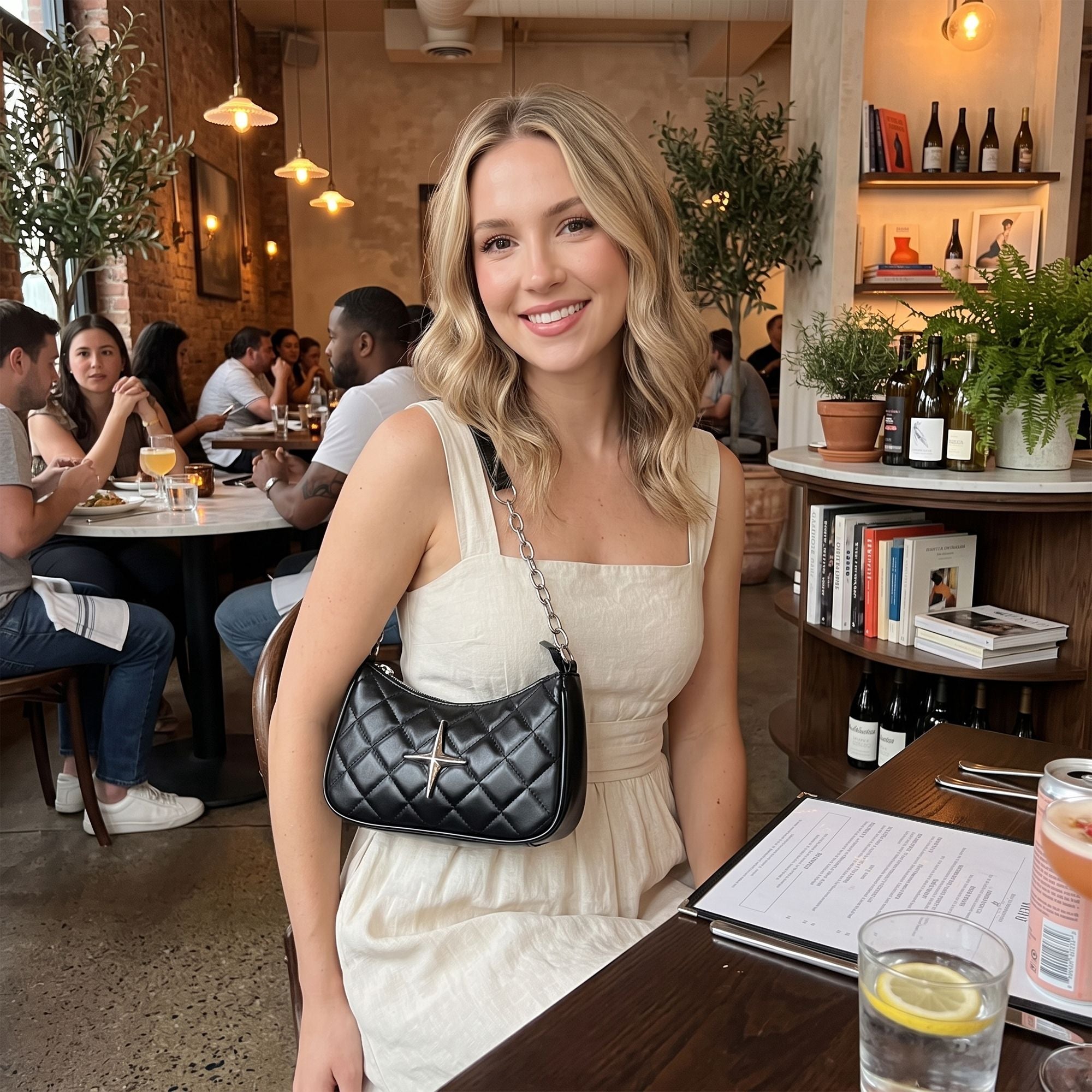 Quilted Shoulder Bag with Chain Strap and Star Accent