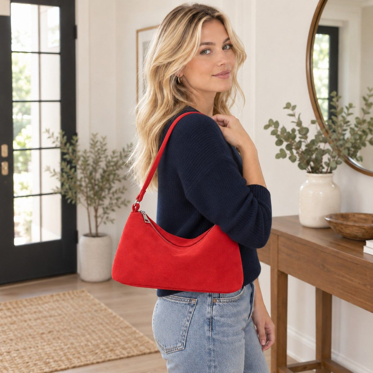 Faux Suede Hobo Shoulder Bag with Zip Closure and Interior Pockets