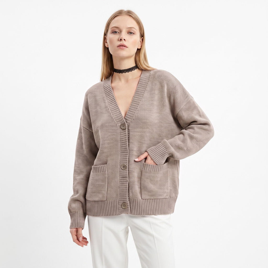 Oversized V Neck Button Front Cardigan with Pockets