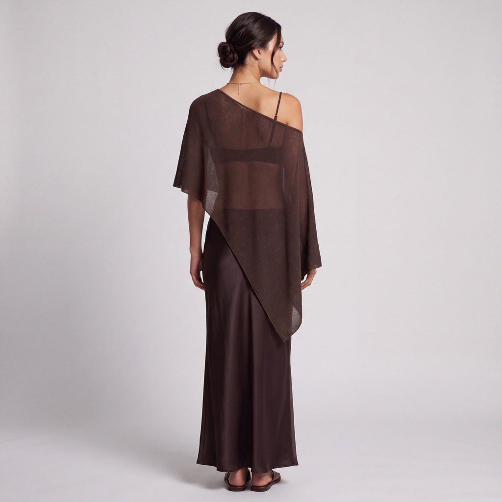 Sheer Open Knit Asymmetrical Poncho Top with One Shoulder Neckline, Draped Sleeve and Pointed Hem