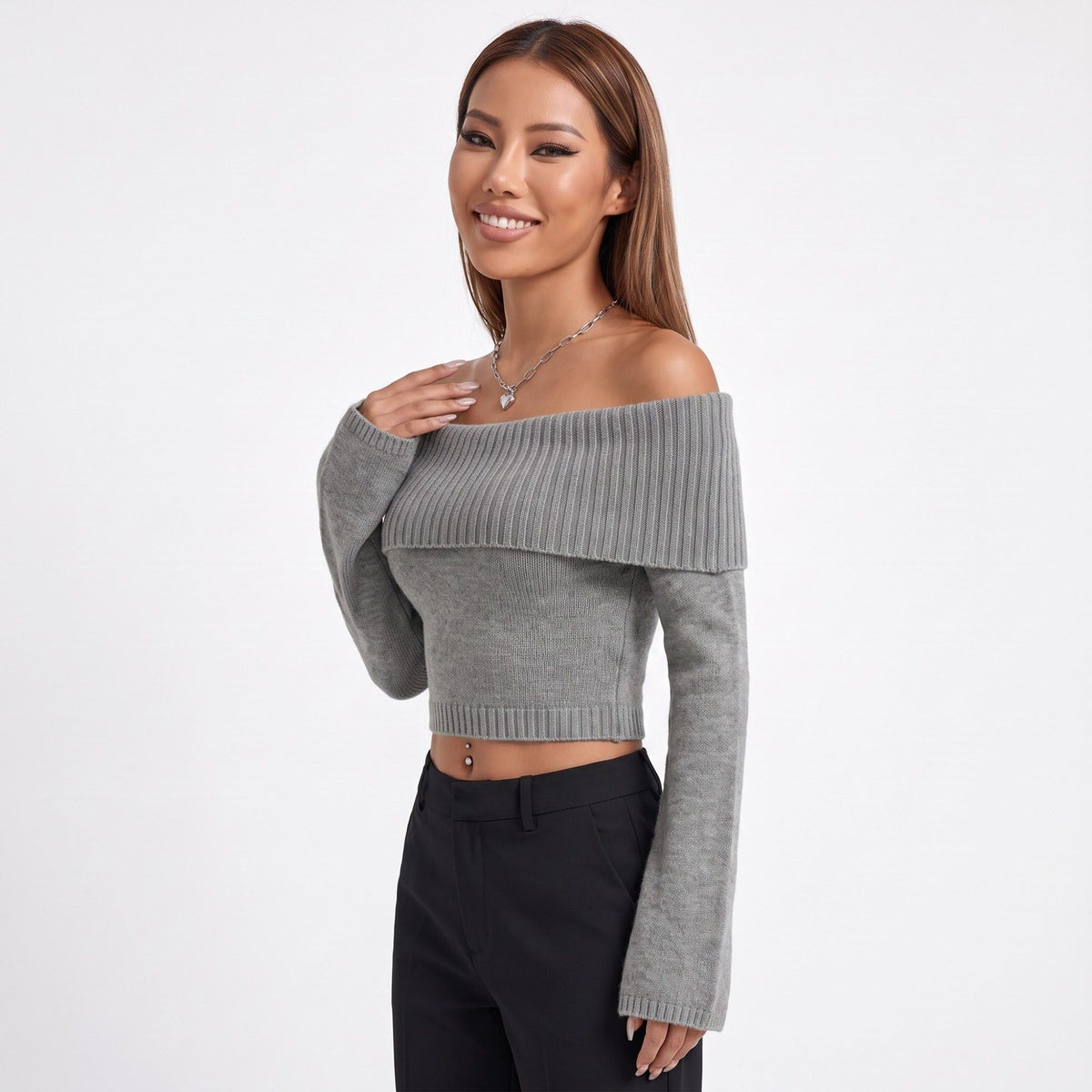 Off Shoulder Foldover Cropped Knit Sweater