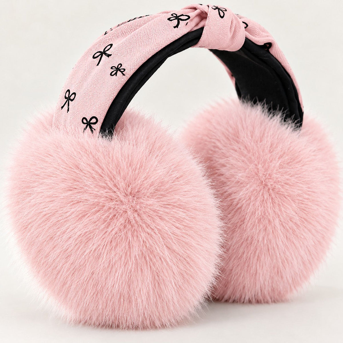 Plush Foldable Winter Earmuffs with Bow Print Knotted Headband