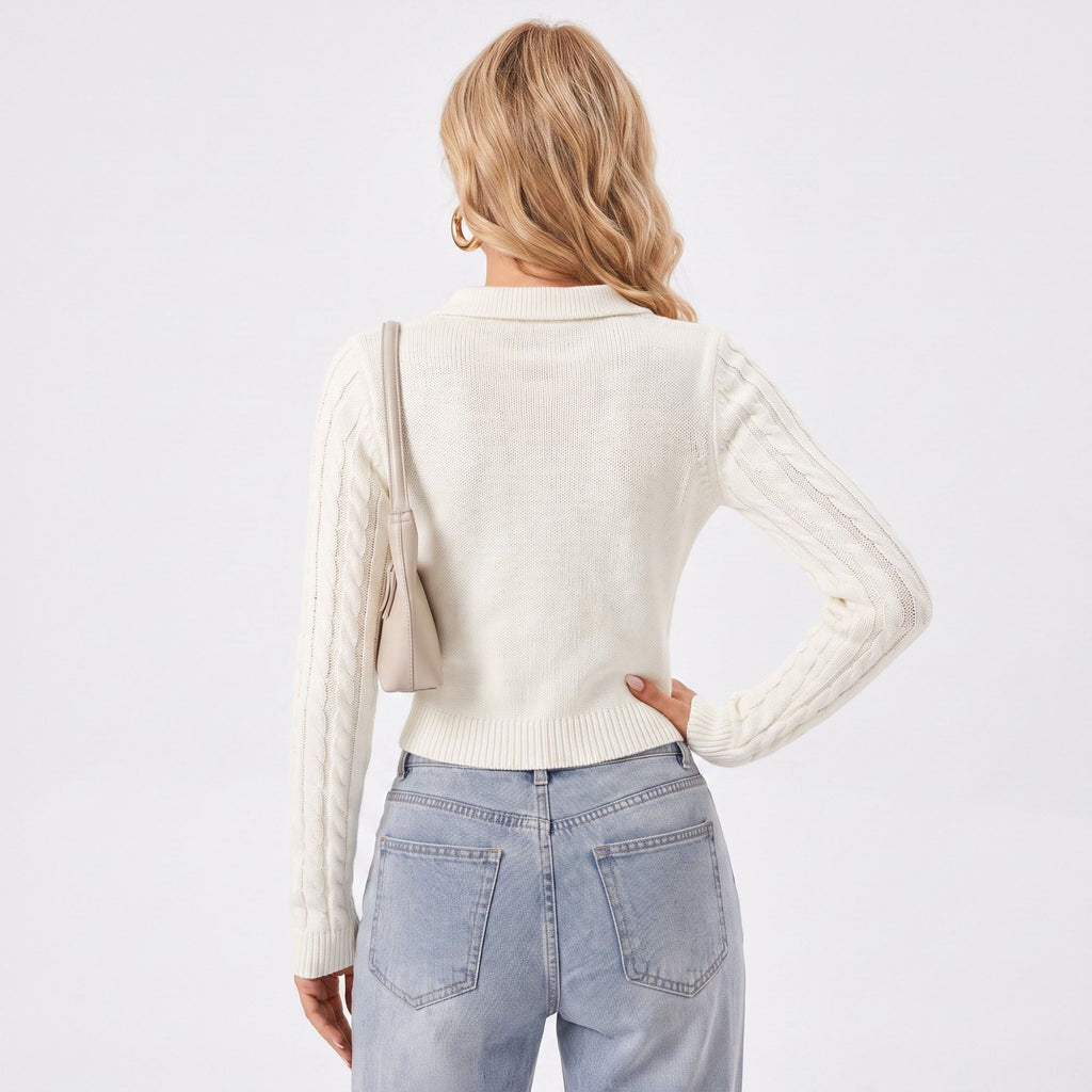Cable Knit Polo Sweater Long Sleeve Cropped Collared Pullover Bow Detail
