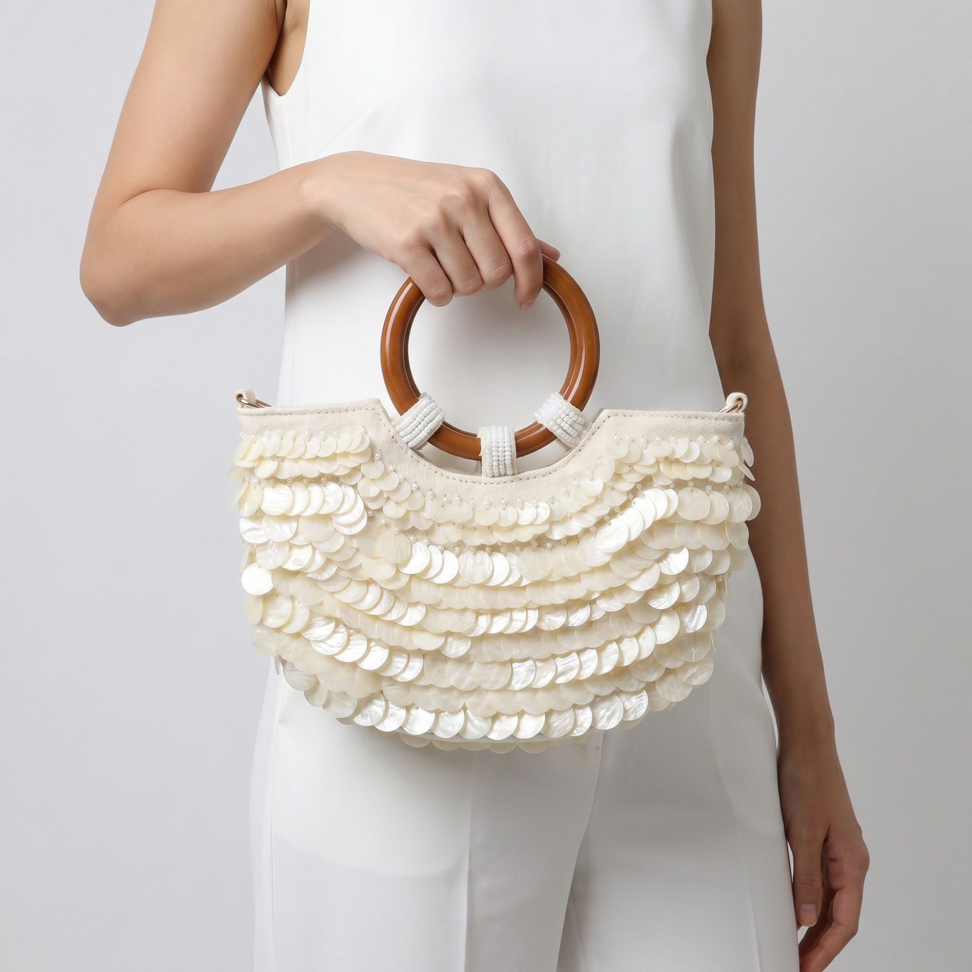 Shell Disc Embellished Top Handle Bag with Beaded Details Round Handle Structured Handbag 11.5x7.5x1 in