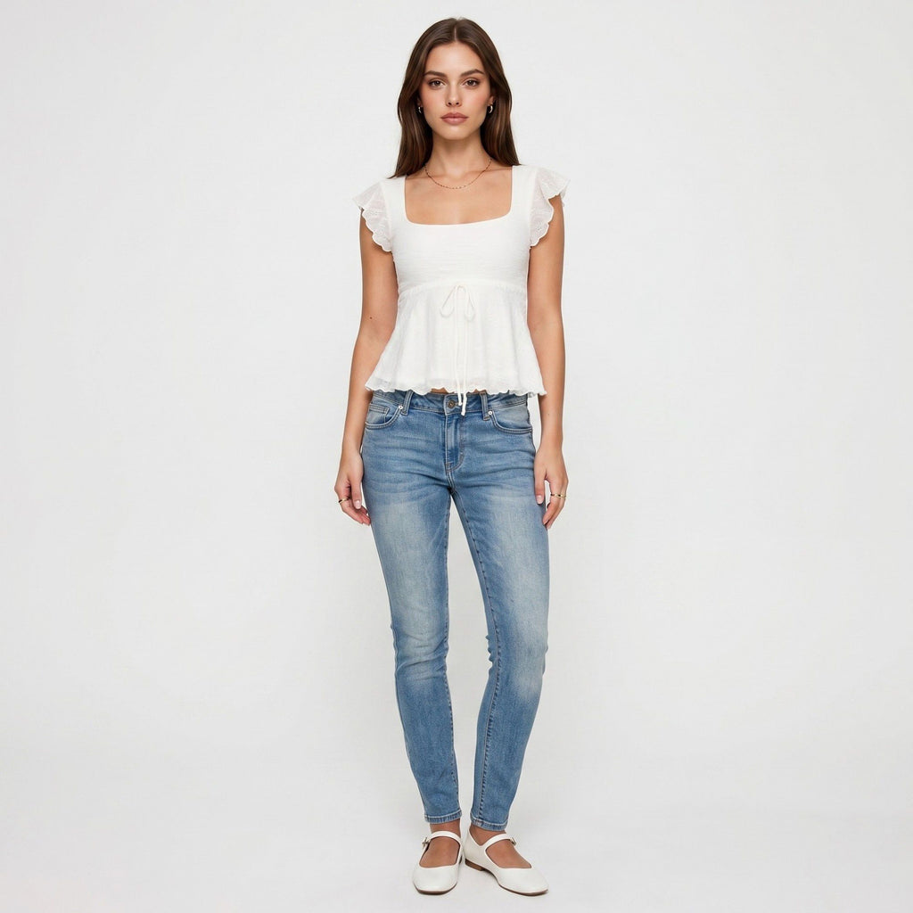 Anna-Kaci Women's Square Neck Peplum Top with Ruffle Sleeves and Front Tie Detail