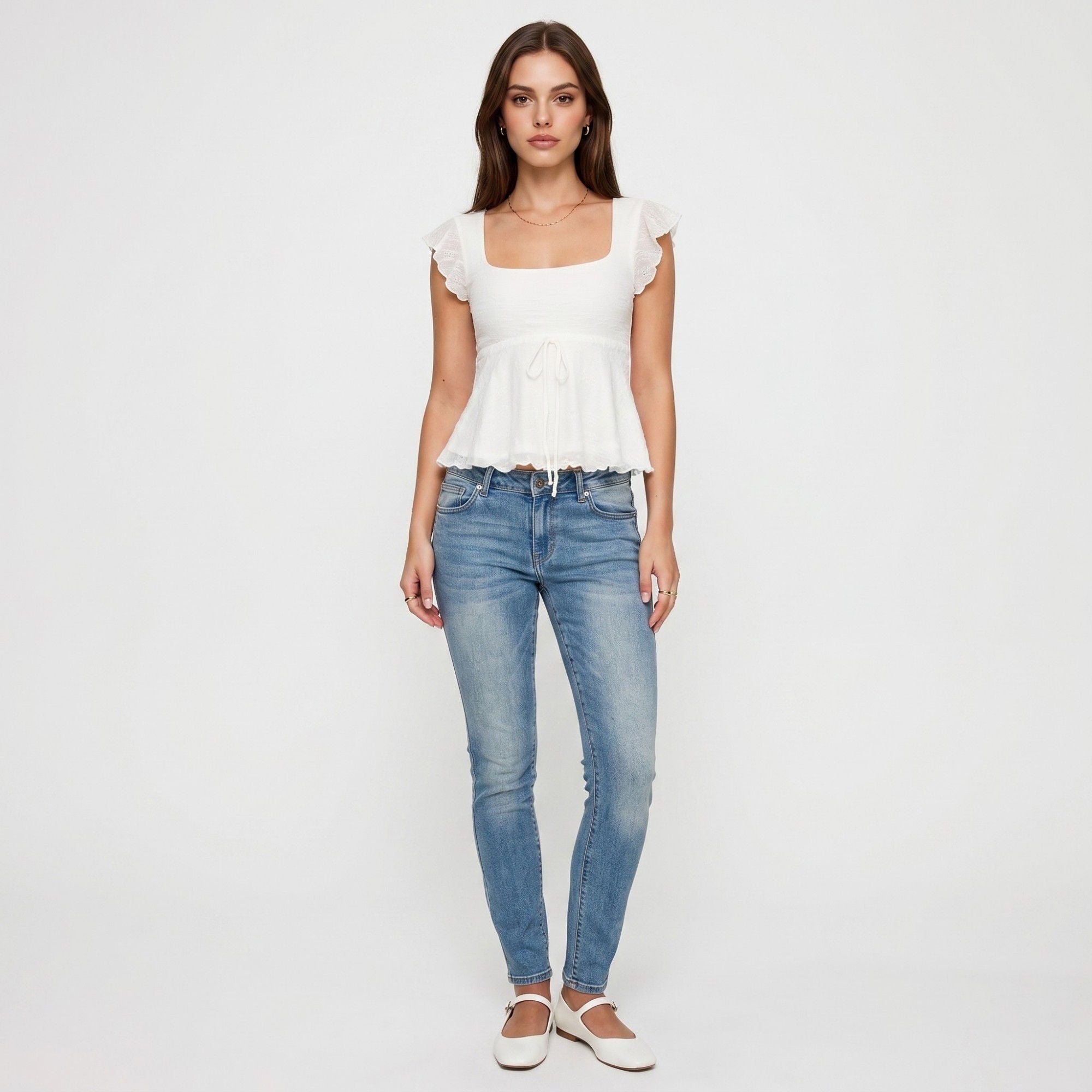 Anna-Kaci Women's Square Neck Peplum Top with Ruffle Sleeves and Front Tie Detail