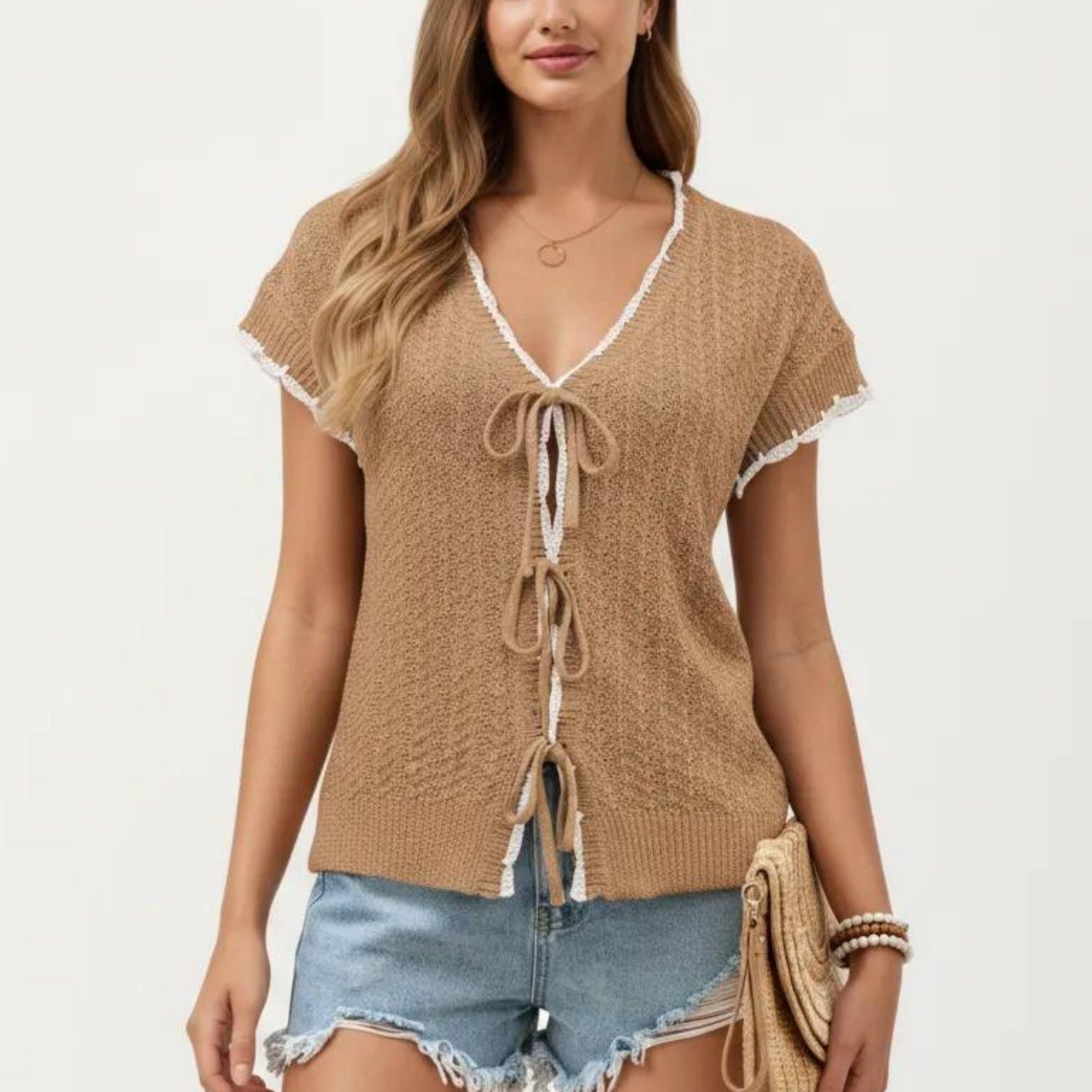 Anna-Kaci Women's Short Sleeve Knit Cardigan Top with V-Neck Tie Front and Contrast Trim