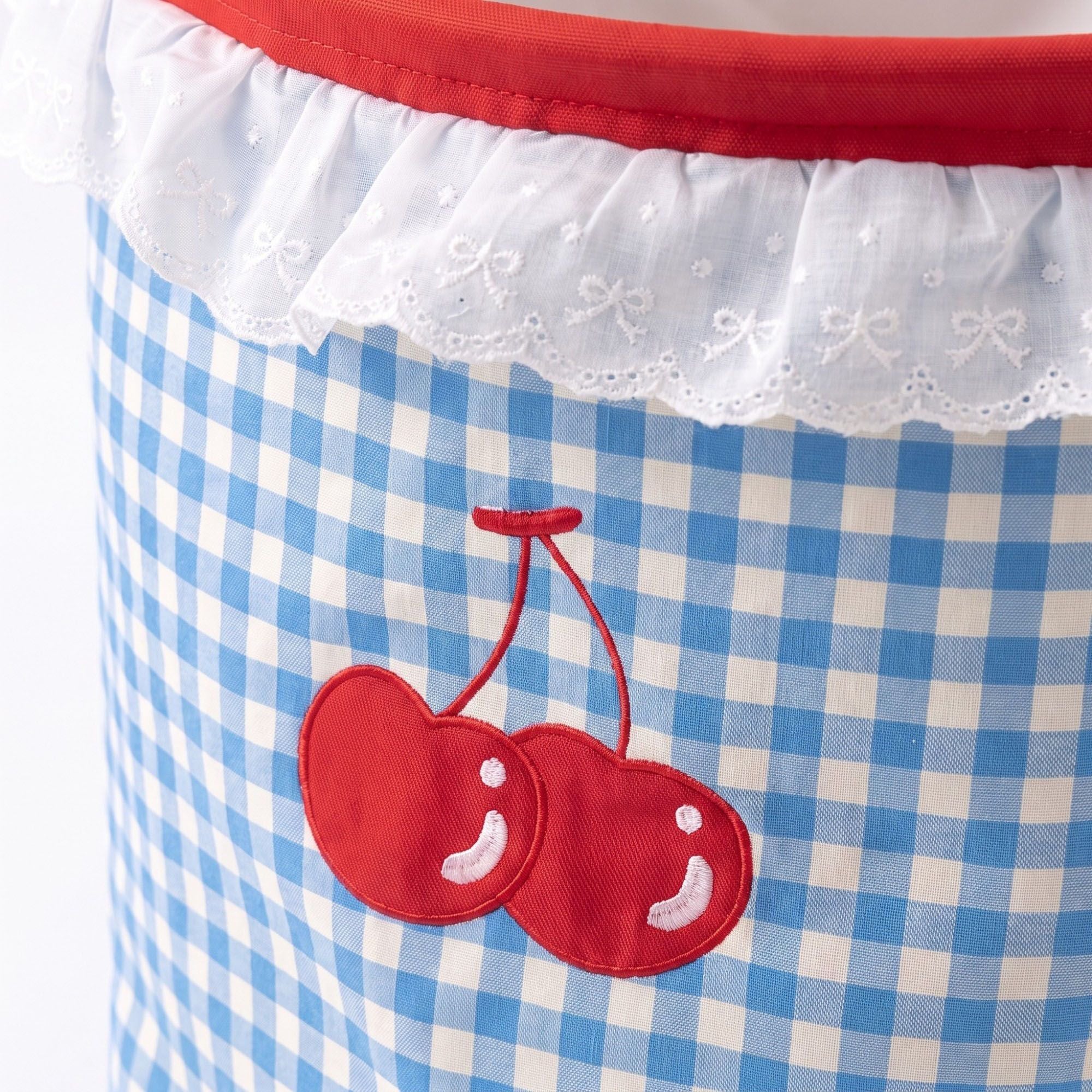 Cherry Embroidered Gingham Laundry Hamper with Lace Ruffle & Handles