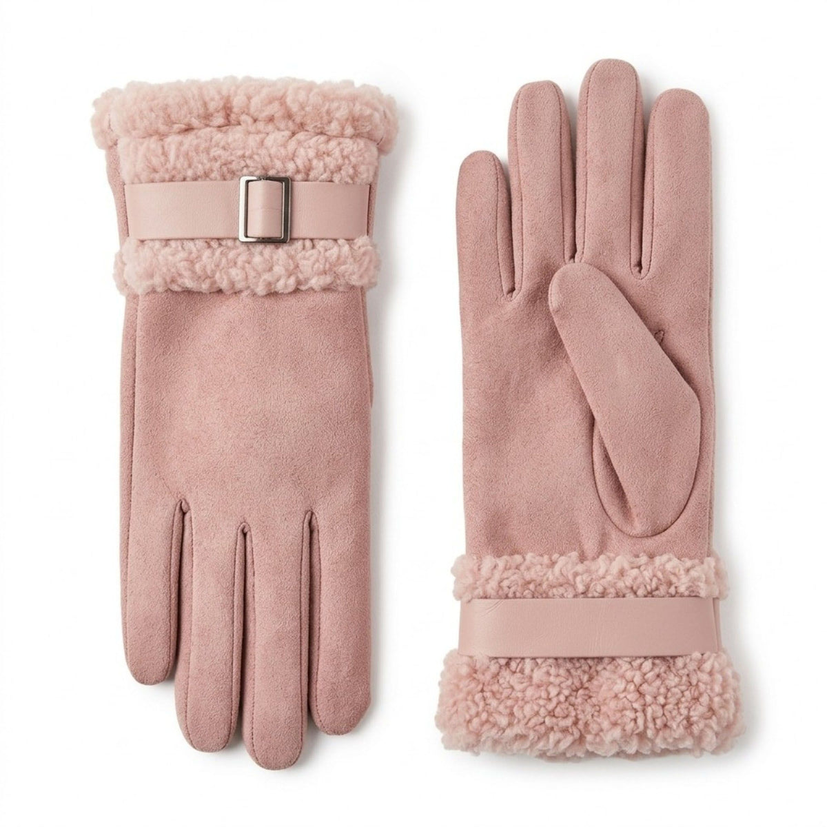 Faux Suede Gloves with Plush Faux Fur Cuffs and Buckle Detail