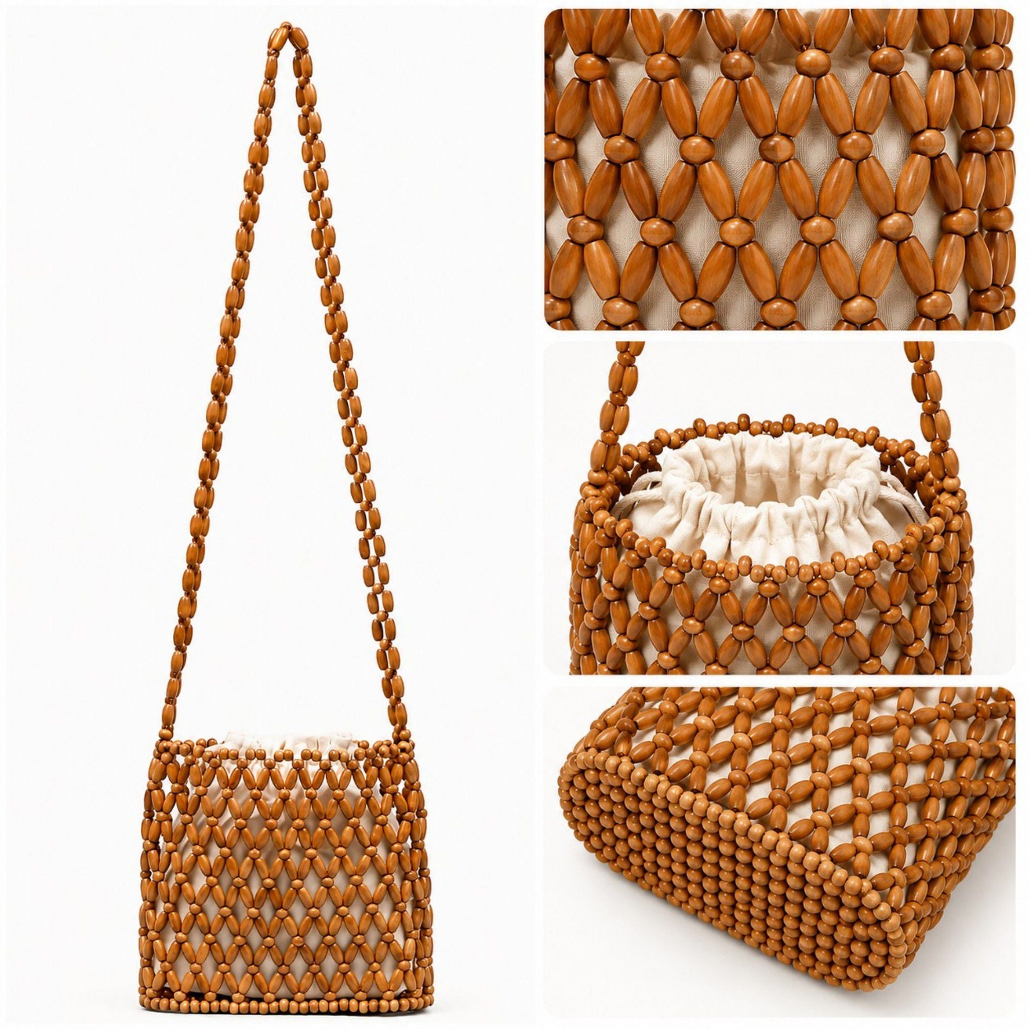 Hand-Crafted Wooden Beaded Crossbody Bag for Women - Lightweight Geometric Pattern Purse