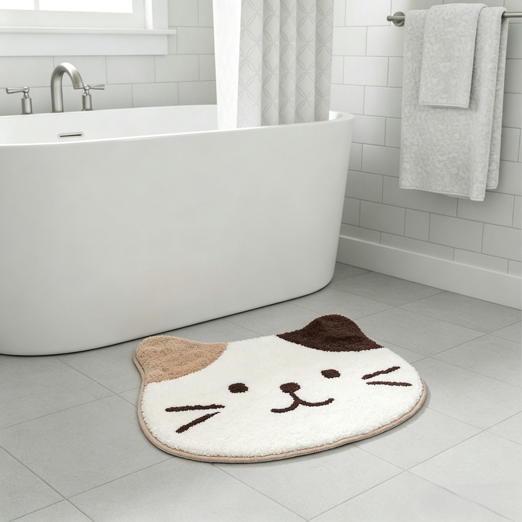 Cute Cat Head Shaped Bathroom Floor Mat Soft Water Absorbent with Anti-Slip Base