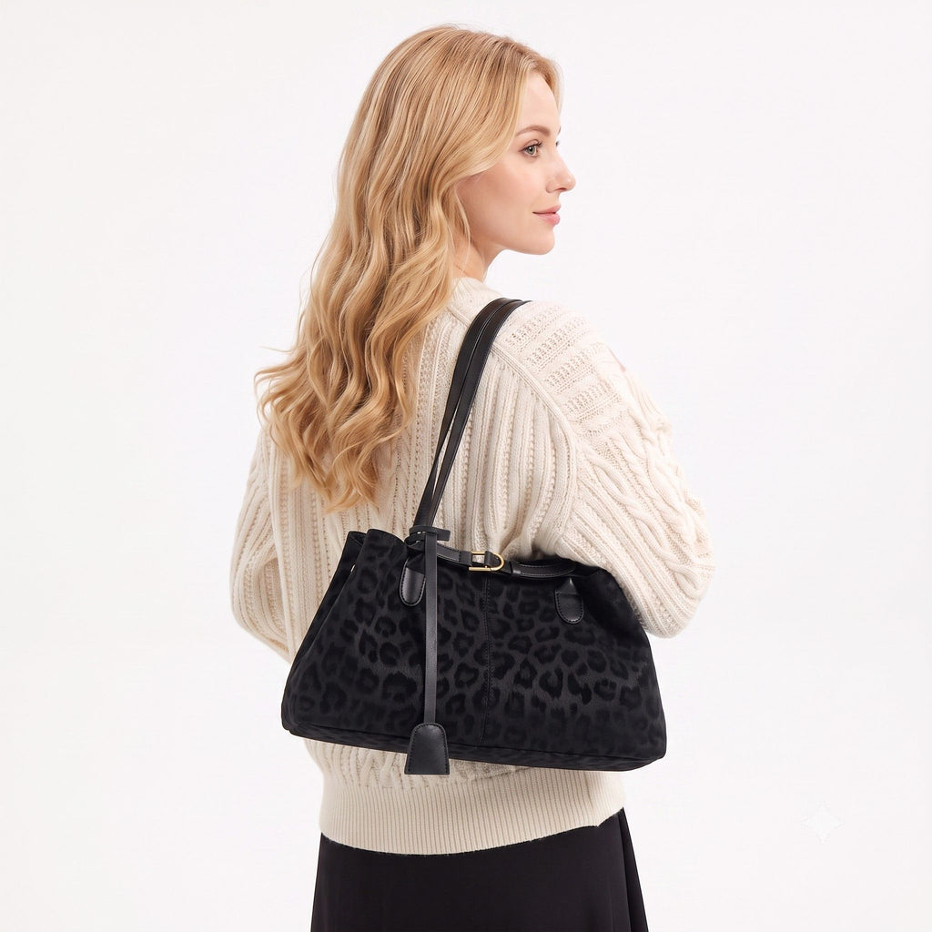 Leopard Print Shoulder Tote Bag with Magnetic Closure Buckle Detail and Tassel